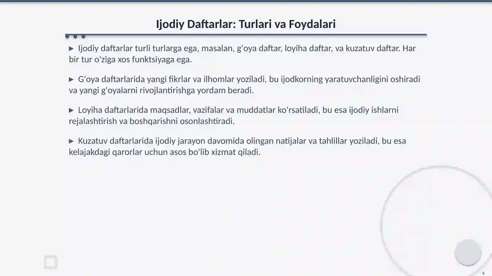 Kuzatish va Ijodiy Daftarlarni Yuritish 4