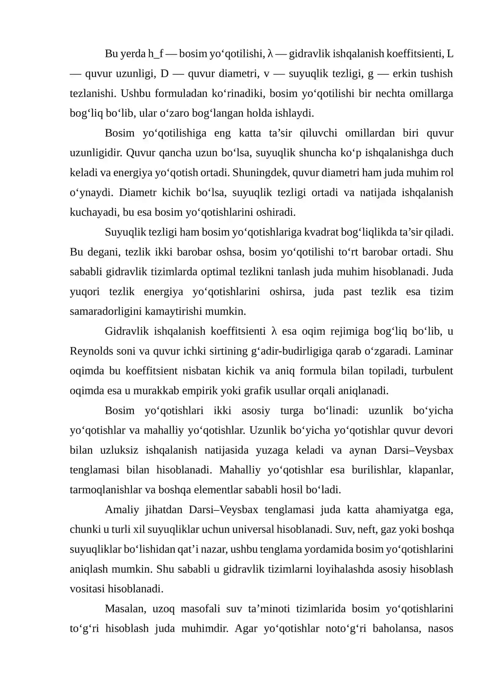 Gidravlik ishqalanish koeffitsientini aniqlash. Darsi-Veysbax, Puazeyl, Altshul, Shifrinson, Latipov va Shevelev formulalari. Kolbruk grafigi 4