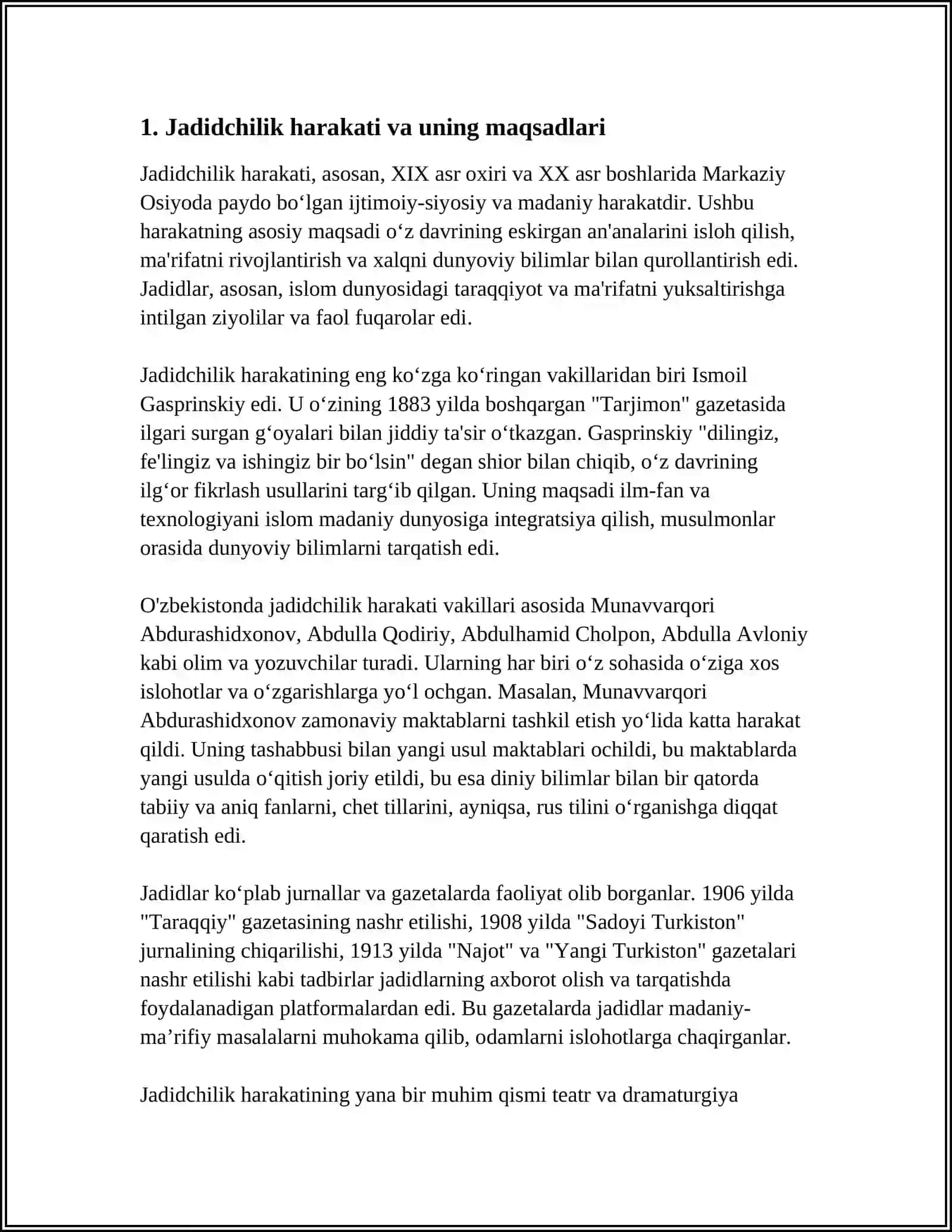 Mavzu: JADID MA'RIFARPARVARLARINING O'LKA IJTIMOIY-MA'NAVIY HAYOTIDA TUTGAN O'RNI 4