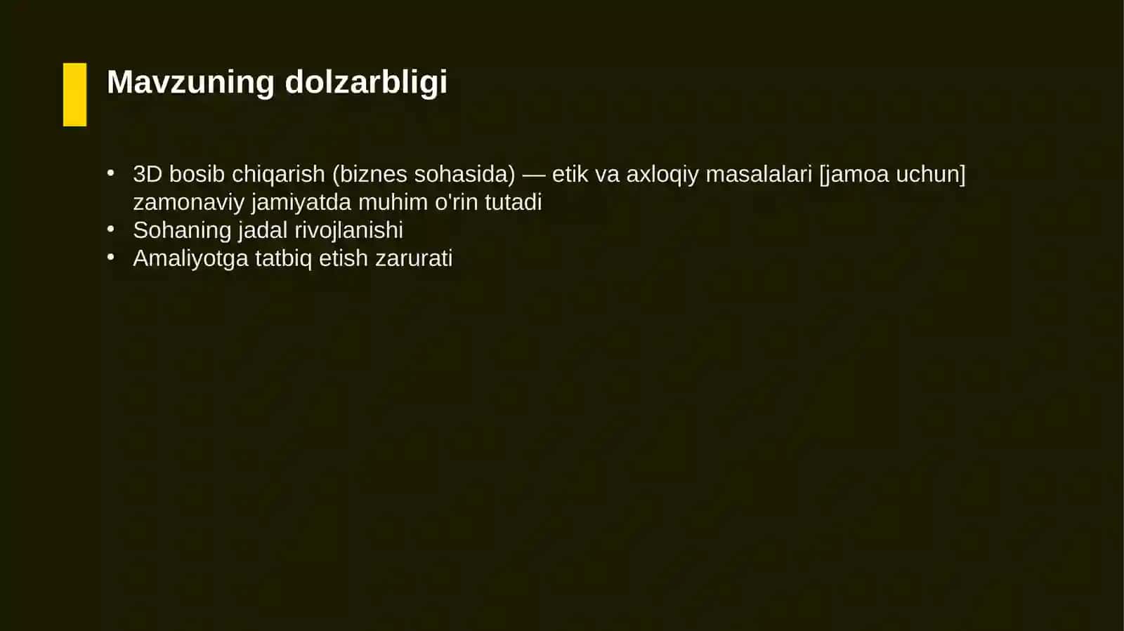 3D bosib chiqarish (biznes sohasida) — etik va axloqiy masalalari [jamoa uchun] 4