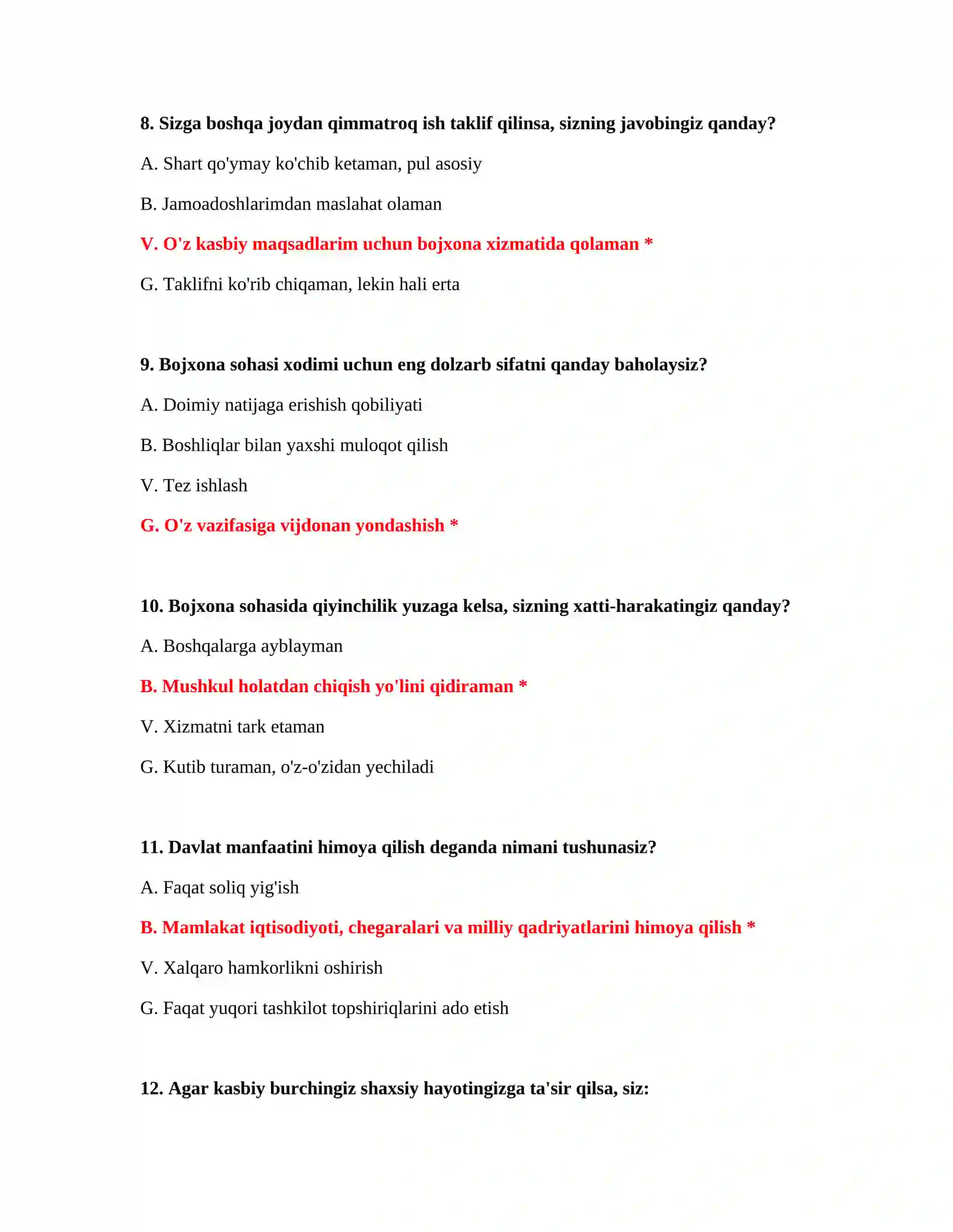 Bojxona xizmatiga nomzodlar uchun testlar 4