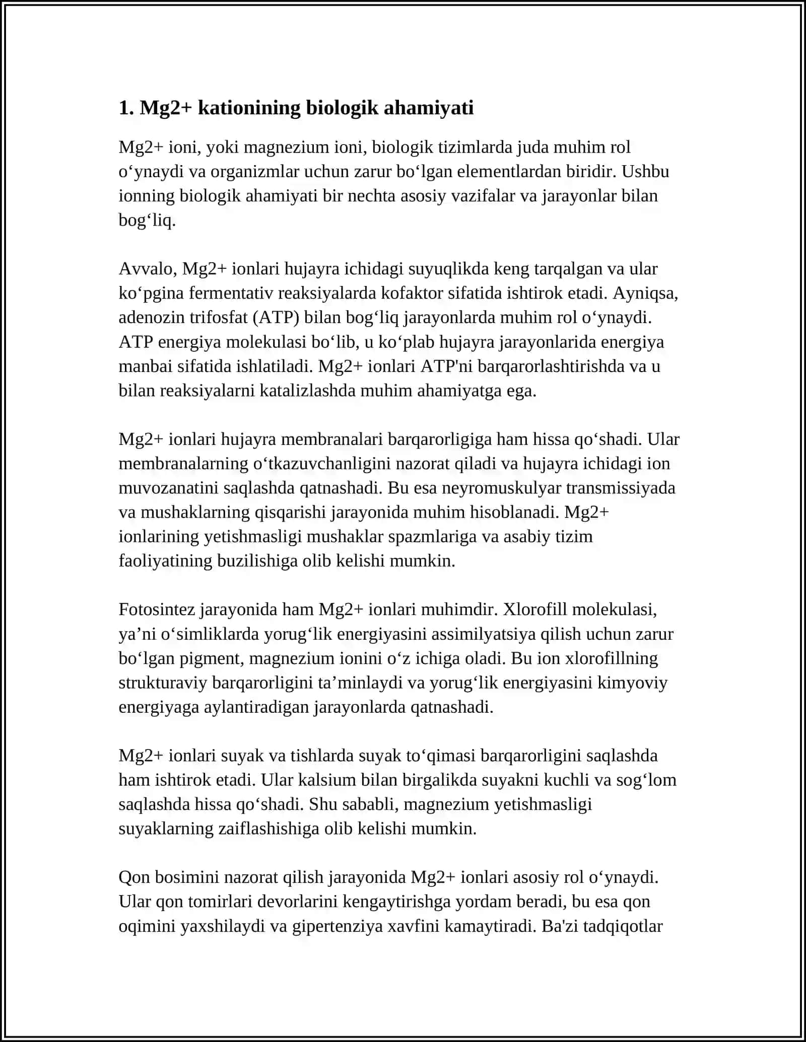 MG2 KATIONINI ORGANIZMDAGI AHAMIYATI, TIBBIYOTDA QOʻLLANILISHI VA DORI VOSITALARI TARKIBIDA SIFAT HAMDA MIQDORNI ANIQLASH 4
