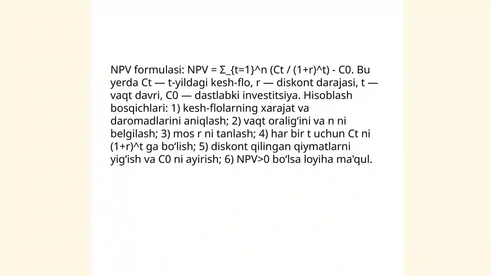 Kapitalni budjetlashtirishda Sof joriy qiymat (NPV) tushunchasi 4