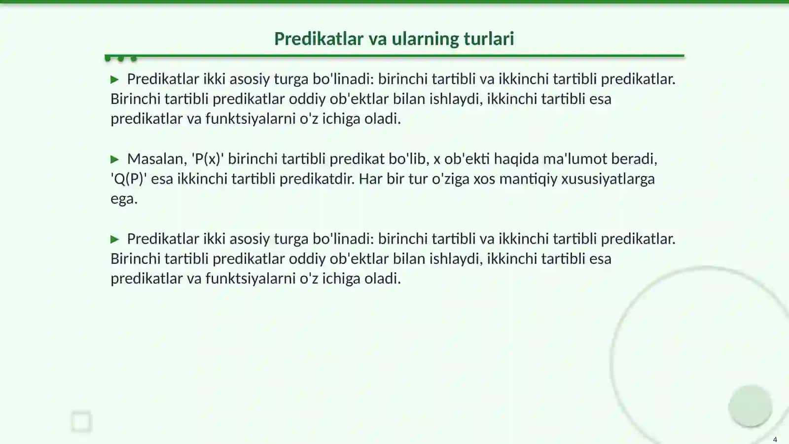 Predikatlar va kvantorlar ularga oid misollar va masalalar yechish 4