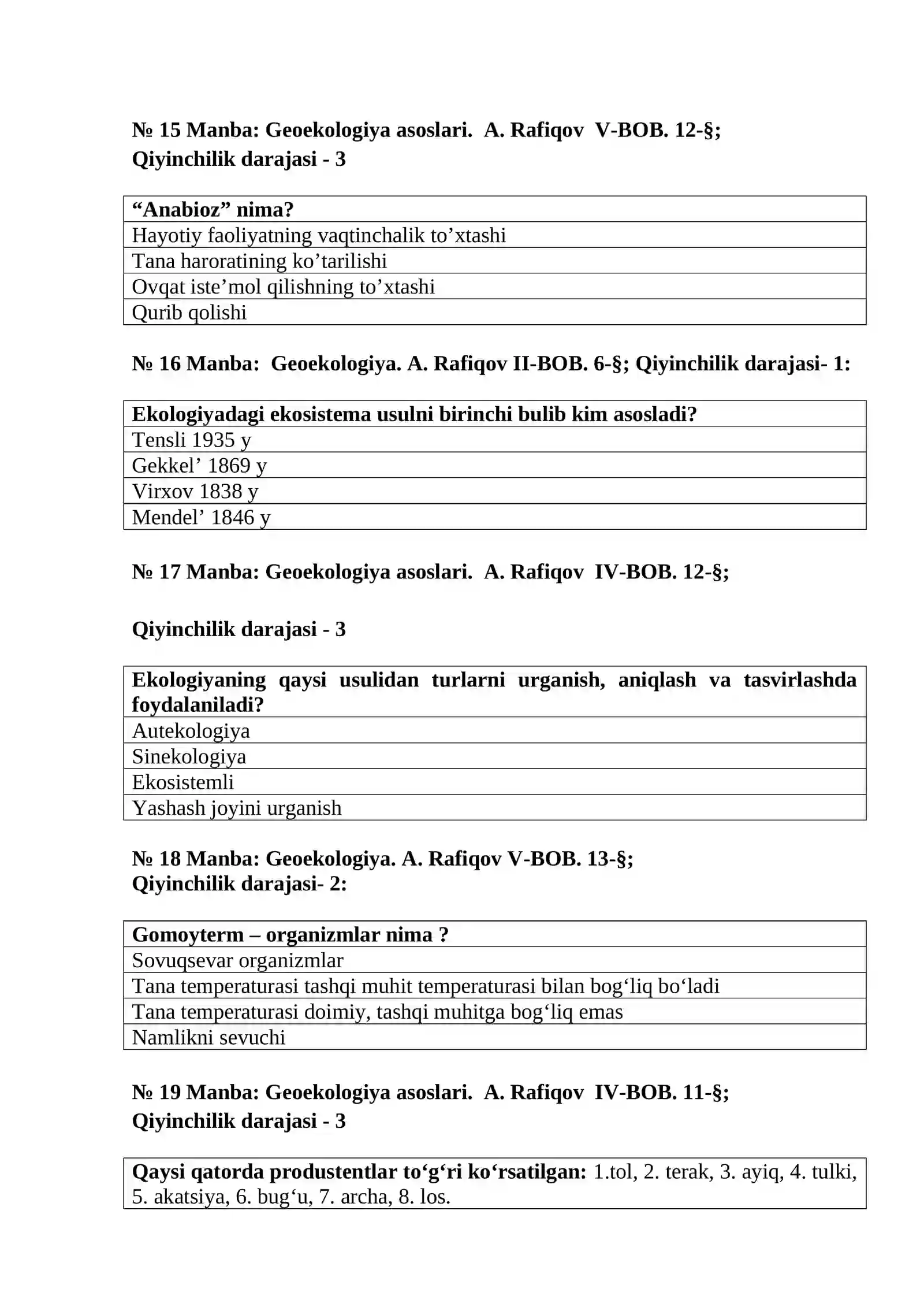 Geoekologiya fanidan test savollari 4