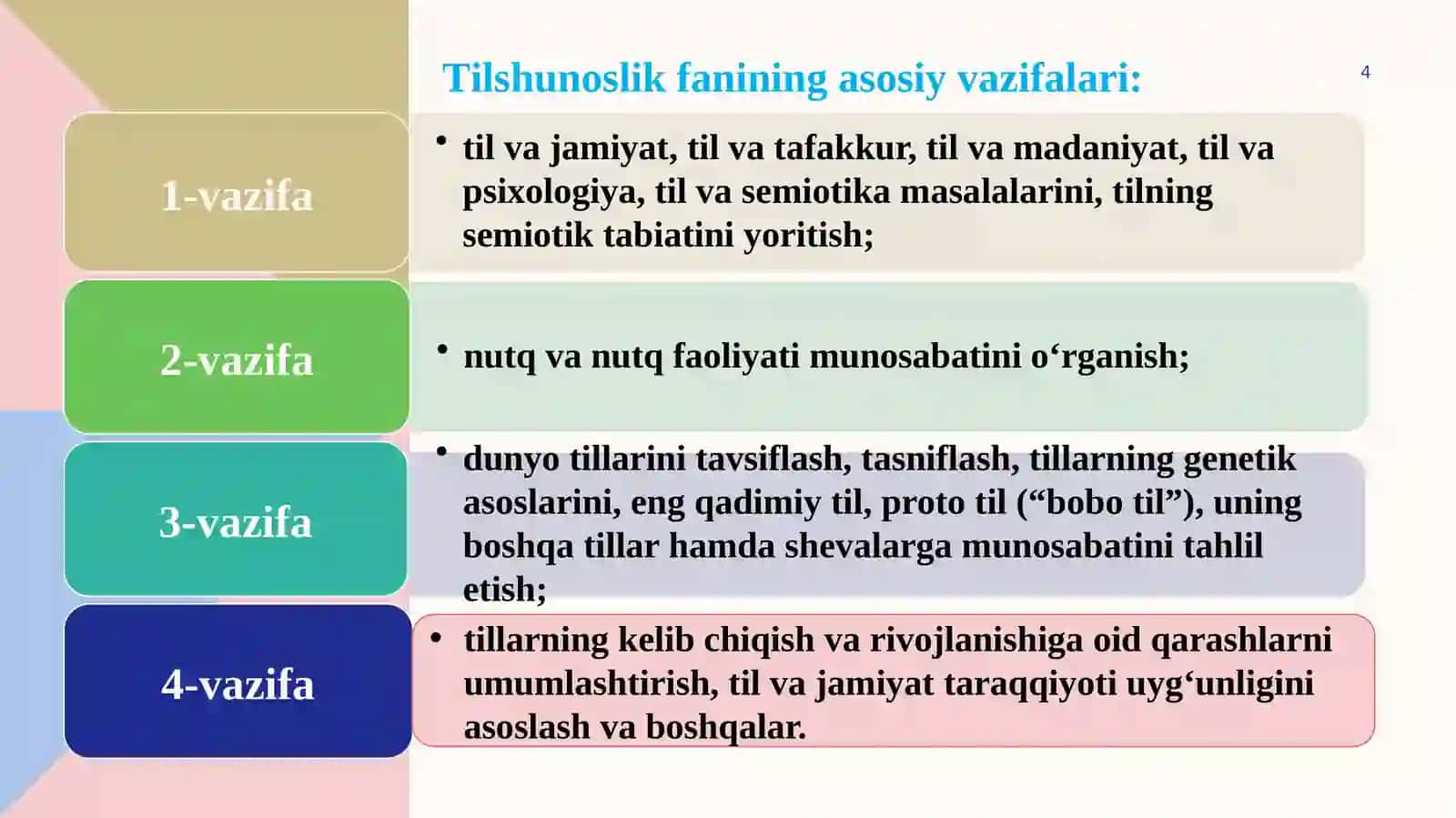 Tilshunoslik fanining o‘rganish obyekti.Tilning paydo bo‘lishi.Tillarning o‘zaro munosabatlari va rivojlanish qonuniyatlari. 4