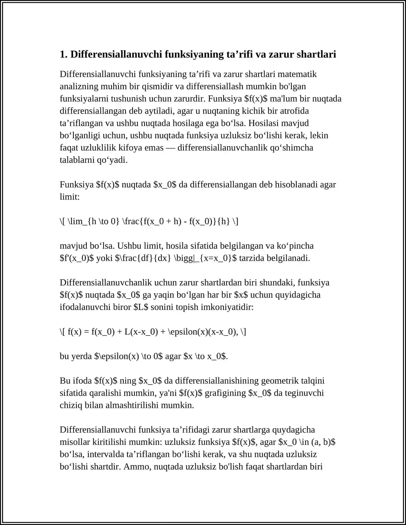 DIFFERENSIALLANUVCHI FUNKSIYALAR HAQIDAGI TEOREMALAR. ROLL, LAGRANJ VA KOSHI TEOREMALARI 4