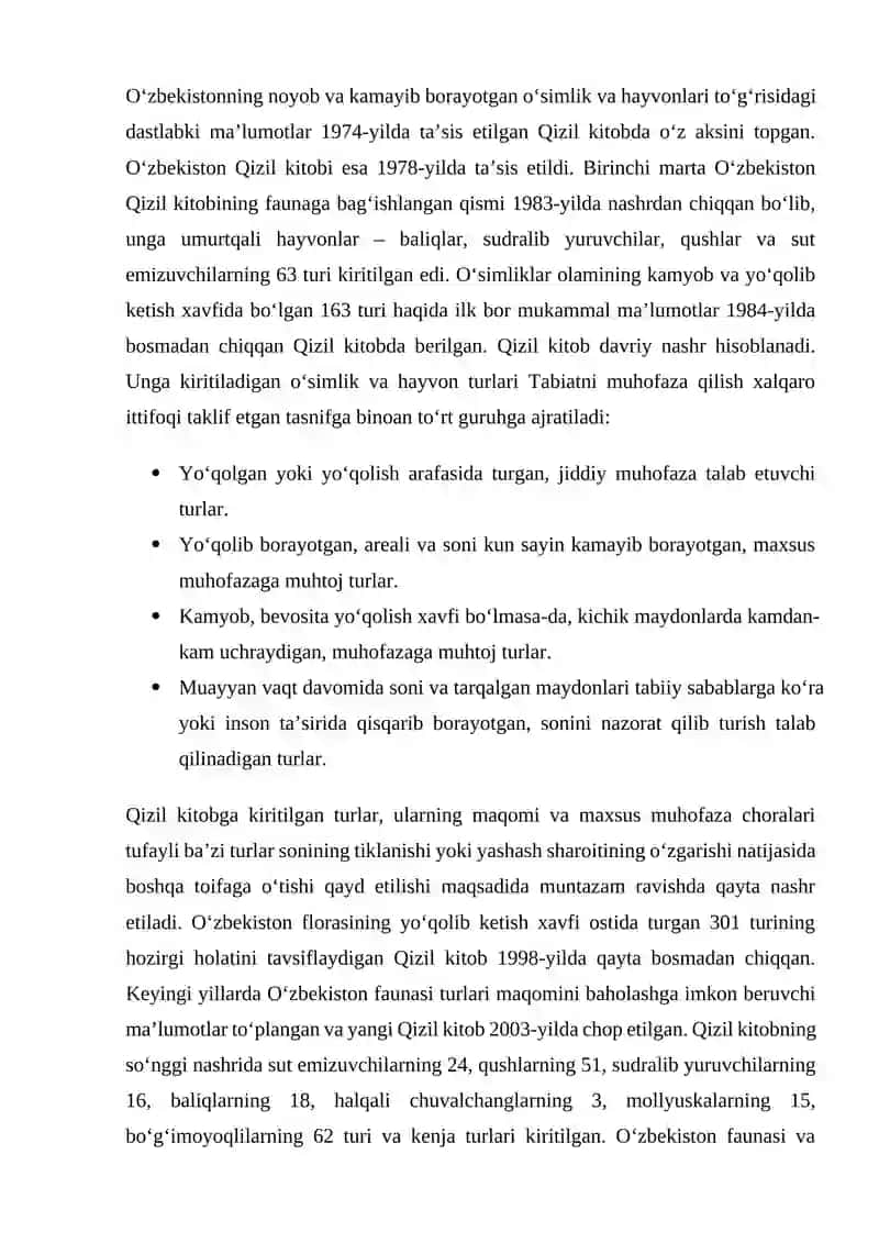 O‘zbekiston Respublikasi “Qizil kitobi” va uning atrof-muhitni muhofaza qilishdagi o‘rni 4