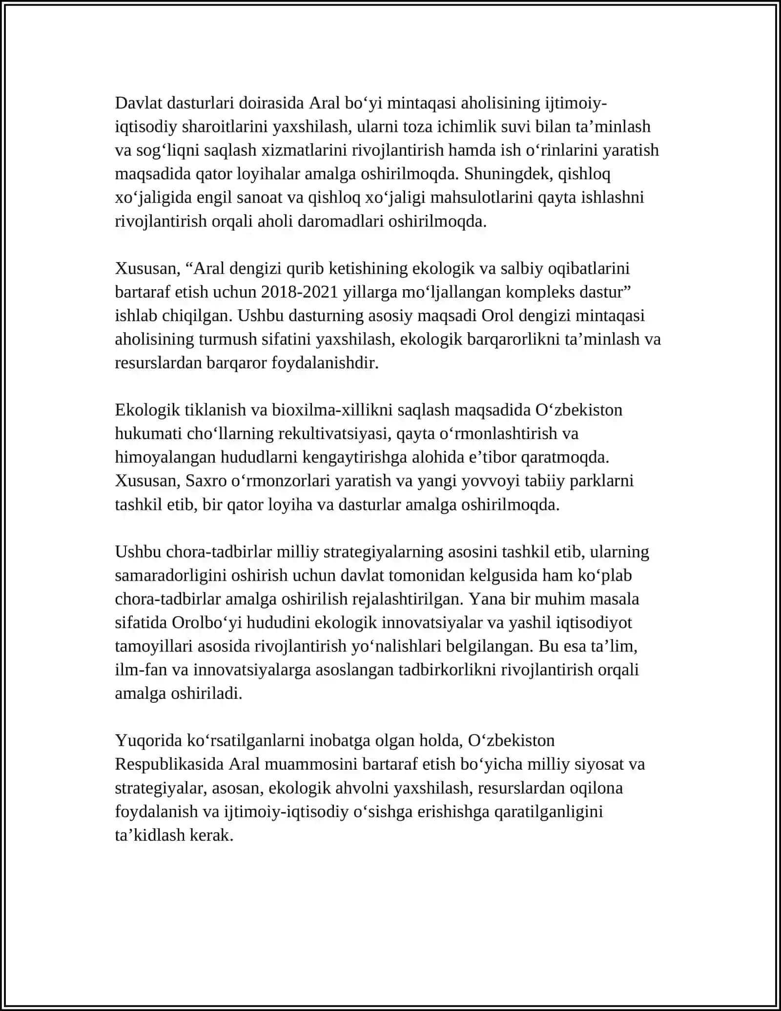 OROL MUAMMOSI VA EKOLOGIK BARQARORLIKNI TA’MINLASH BORASIDA AMALGA OSHIRILAYOTGAN CHORA TADBIRLAR 4
