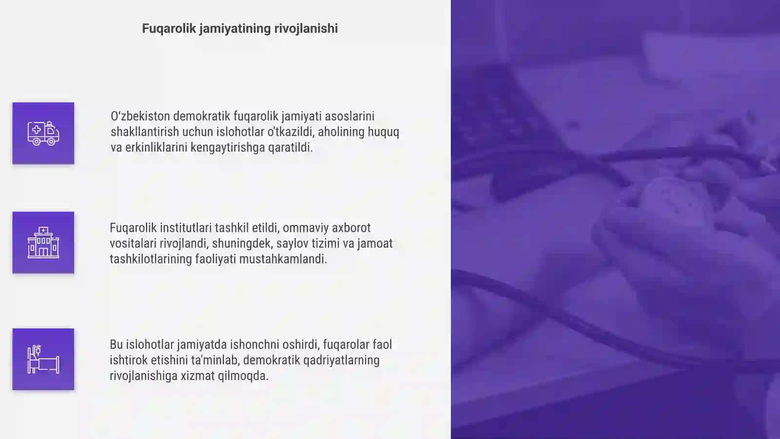 Oʻzbekiston demokratik fuqarolik jamiyati asoslarini shakllanishi amalga oshirilgan asosiy islohotlar 4