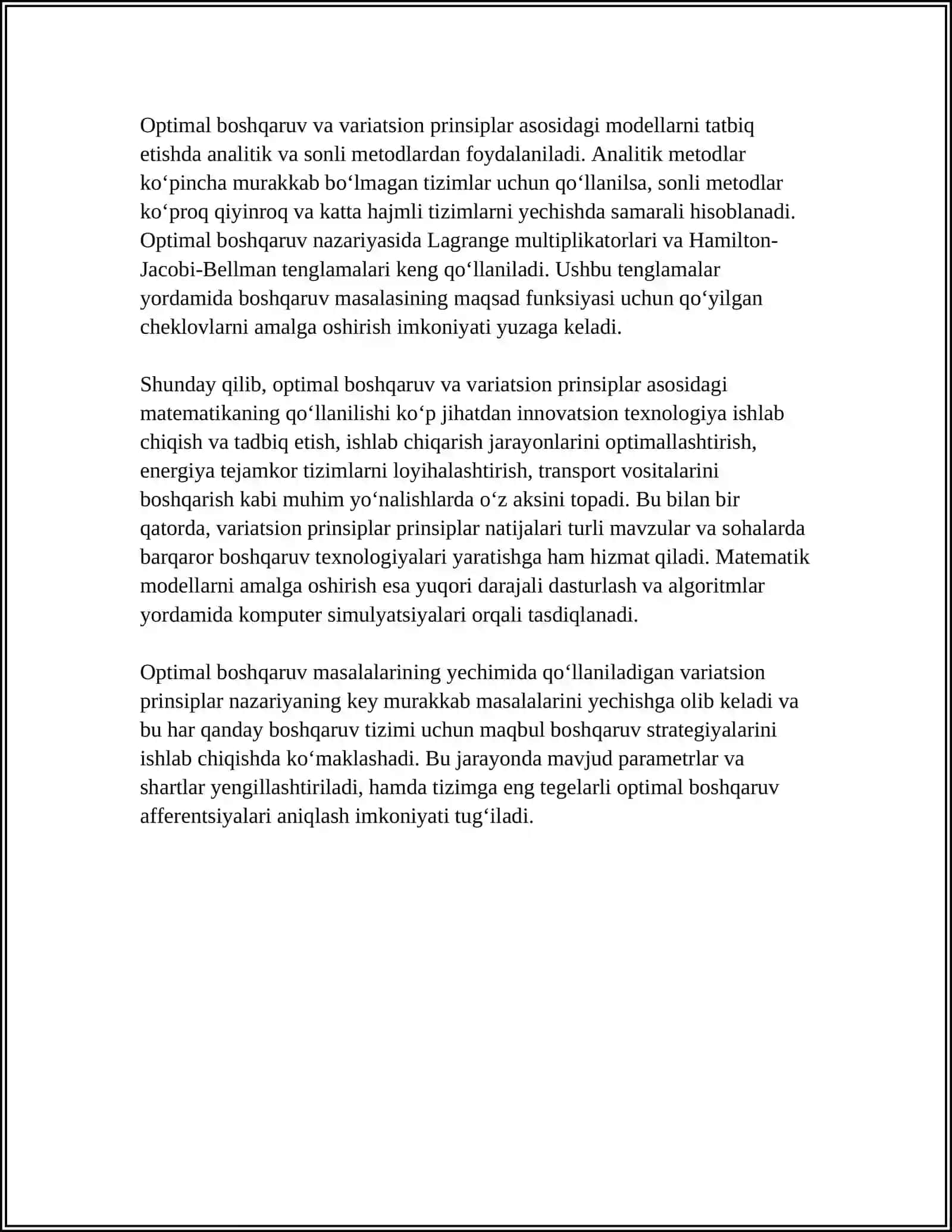VARIATSION PRINSIP ASOSIDA OPTIMAL BOSHQARUV MASALALARINING MATEMATIK MODELI 4