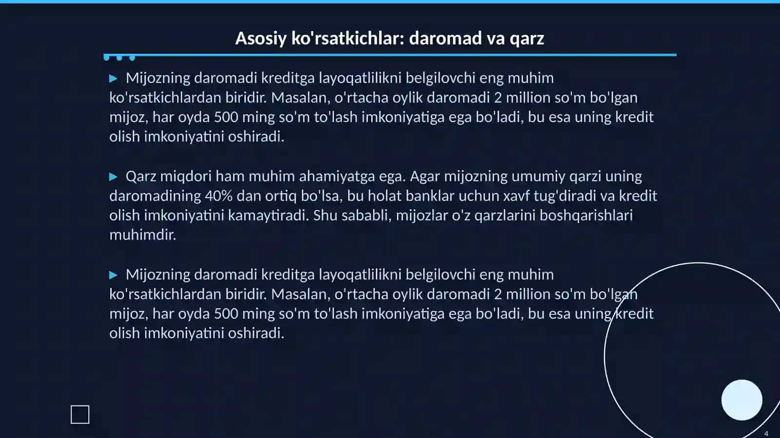 Mijozning kreditga layoqatliligining asosiy va qòshimcha kòrsatkichlari 4
