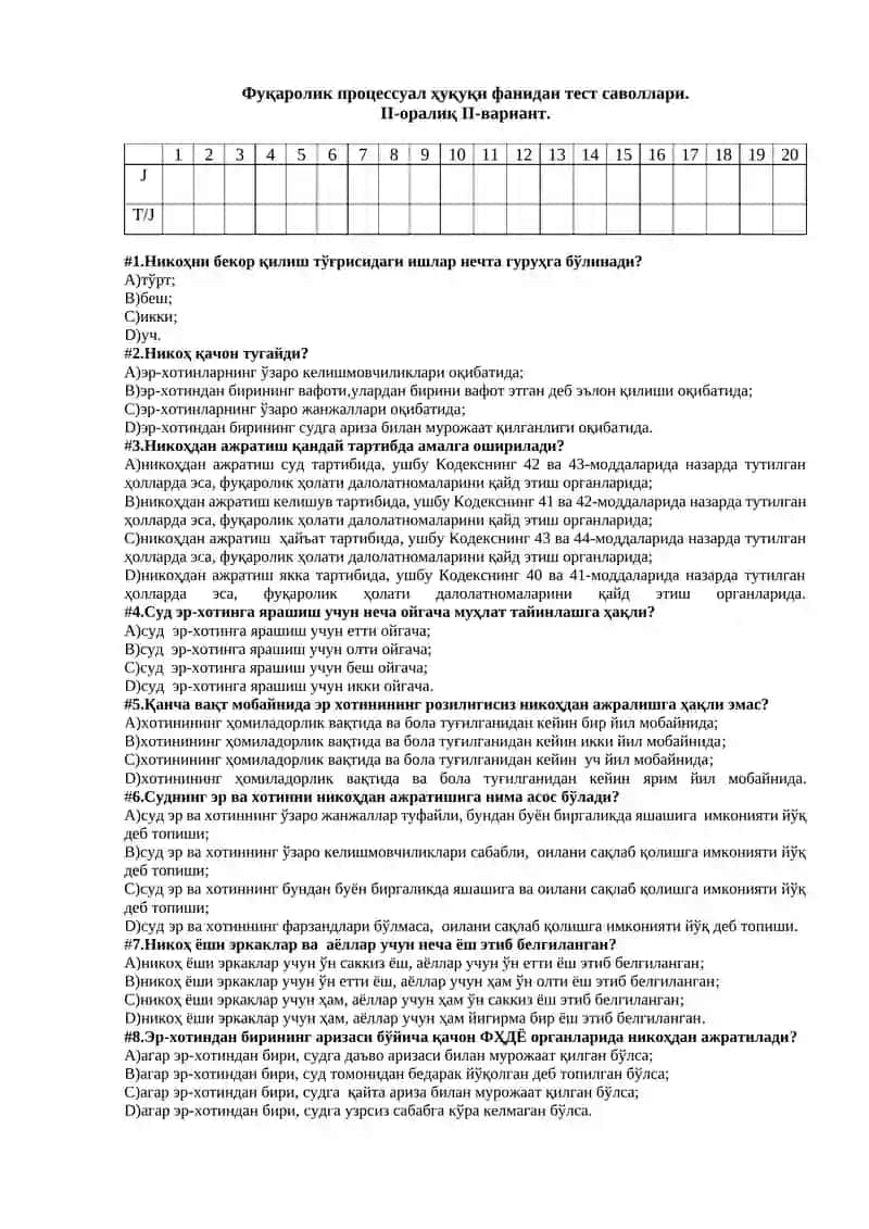 Фуқаролик процессуал ҳуқуқи фанидан тест саволлари 4