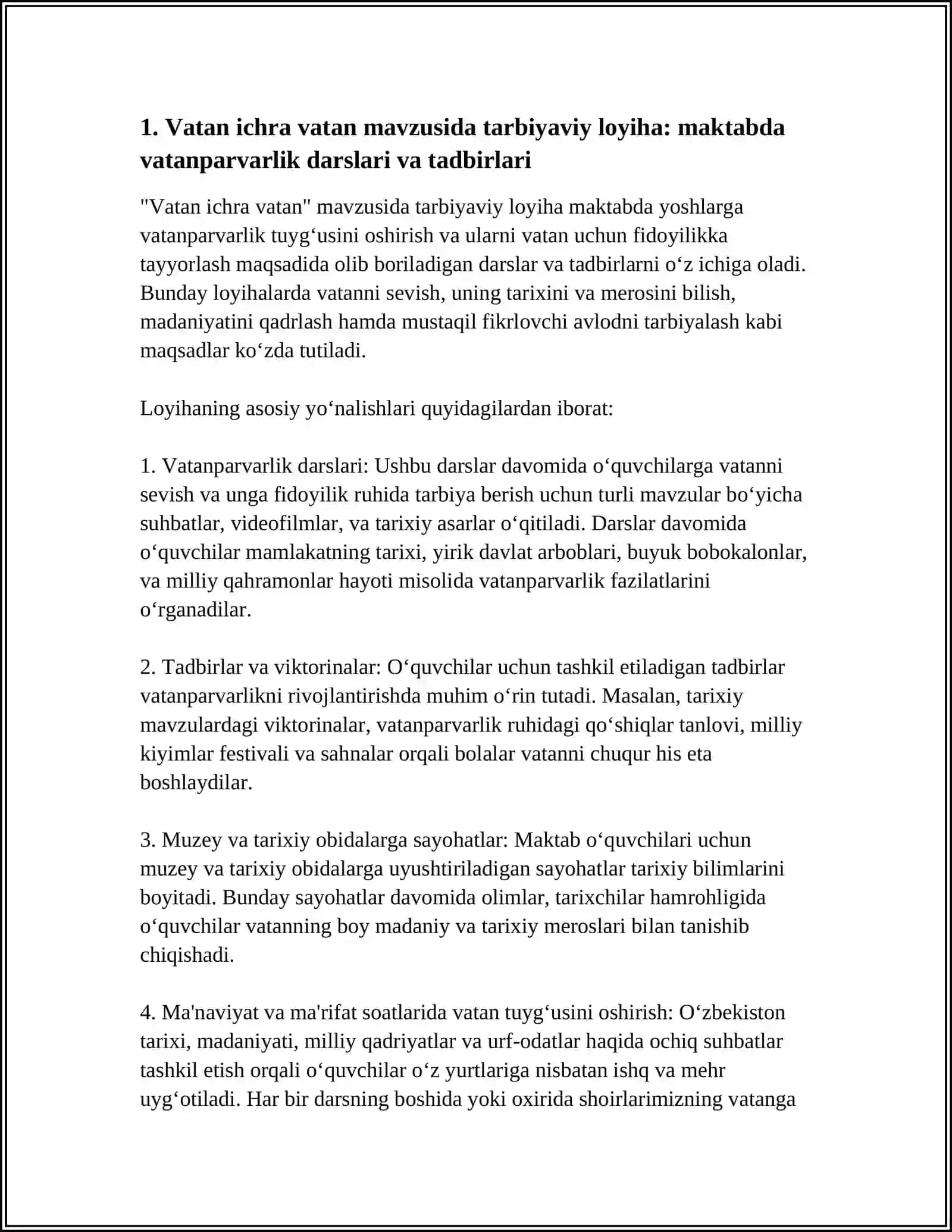Vatan ichra vatan mavzusida tarbiyaviy loyiha: maktabda vatanparvarlik darslari va tadbirlari 4