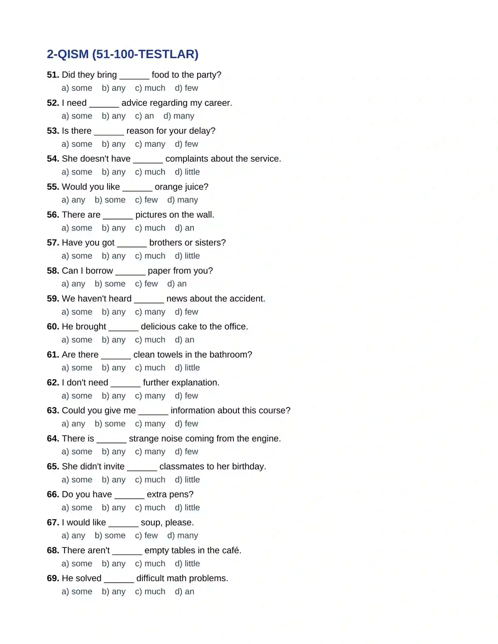 ENGLISH GRAMMAR TEST: SOME / ANY  100 talik test javoblari bilan 4