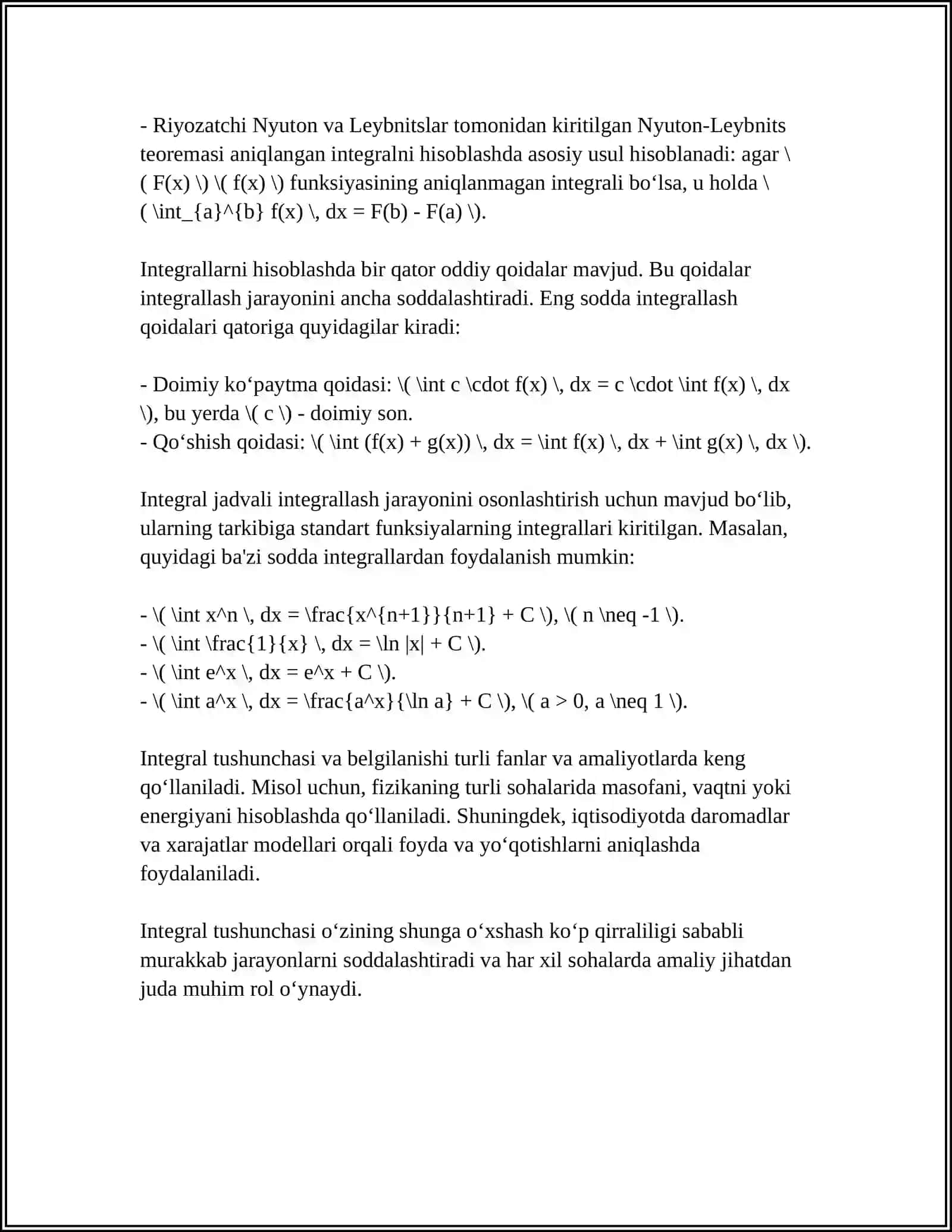 INTEGRALLASHNING ENG SODDA QOIDALARI VA INTEGRAL JADVALI 4