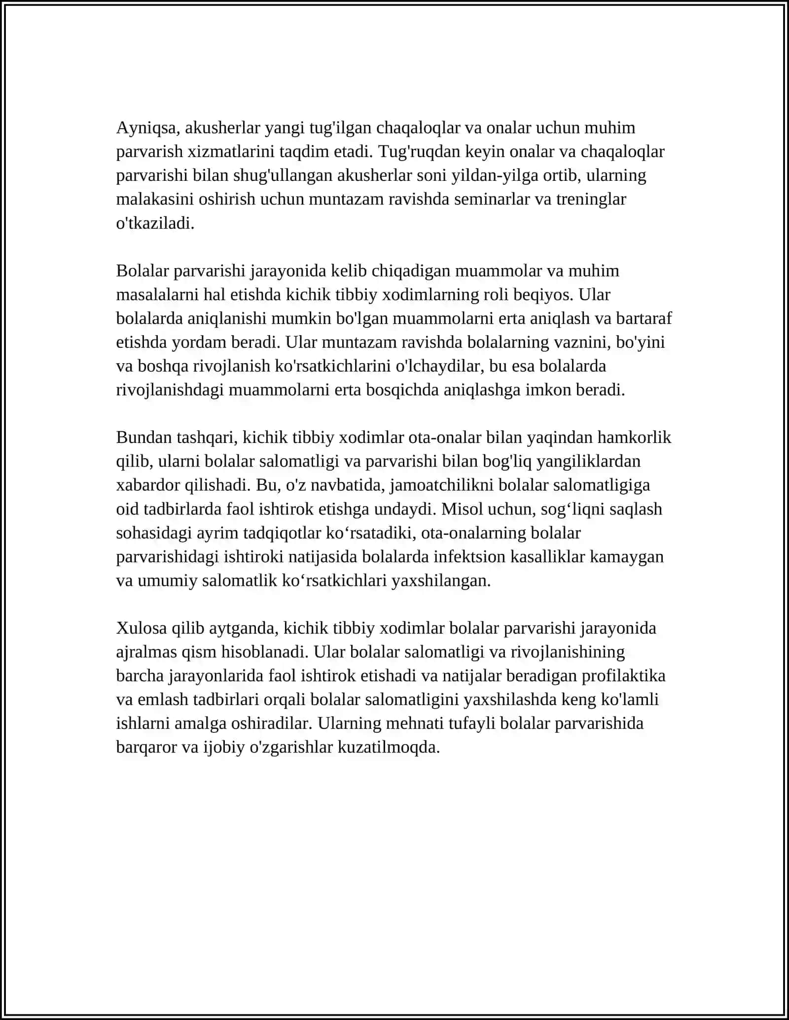 BOLALARNI PARVARISH QILISH VA TARBIYALASHDA KICHIK VA OʻRTA TIBBIY XODIMNING ORNI 4