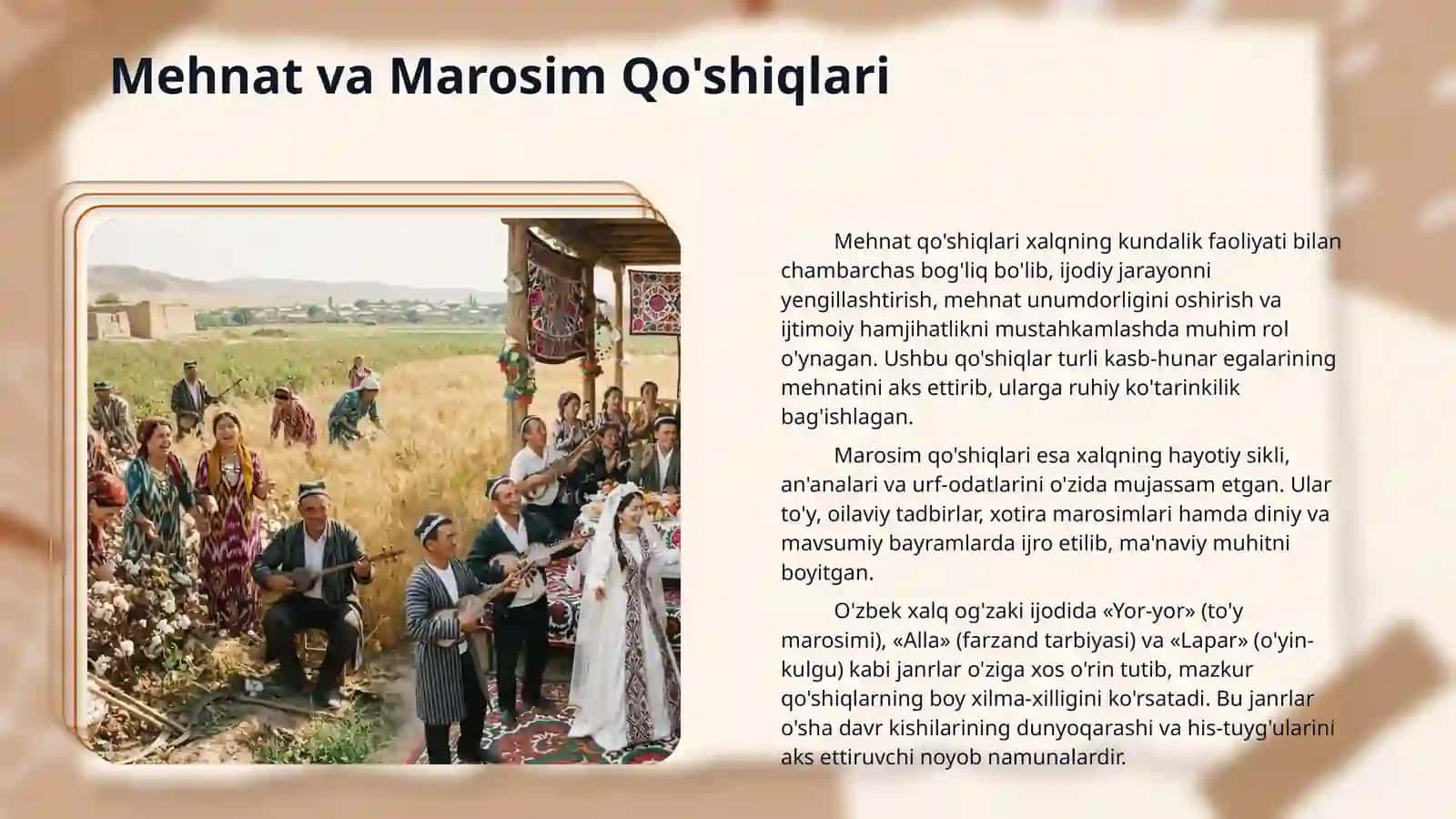 Mehnat va marosim qo’shiqlari.”Alp Er To’nga” marsiyasi.”Devon”dagi maqollar xalq donoligining ifodasi sifatida 4