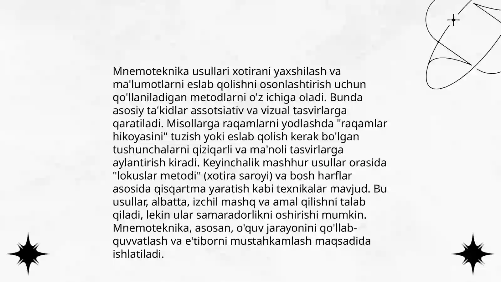 Xotira: malumotlarni mustahkamlash yoʻllari, usullari, vositalari 4