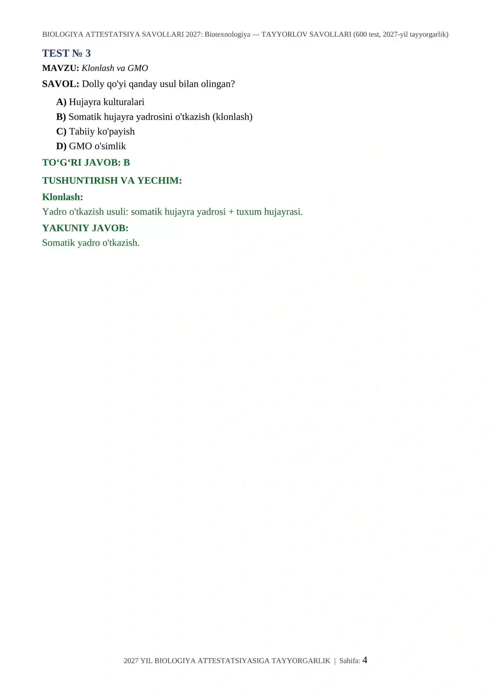 BIOLOGIYA ATTESTATSIYA SAVOLLARI 2027: Biotexnologiya — TAYYORLOV SAVOLLARI (600 test, 2027-yil tayyorgarlik) 4