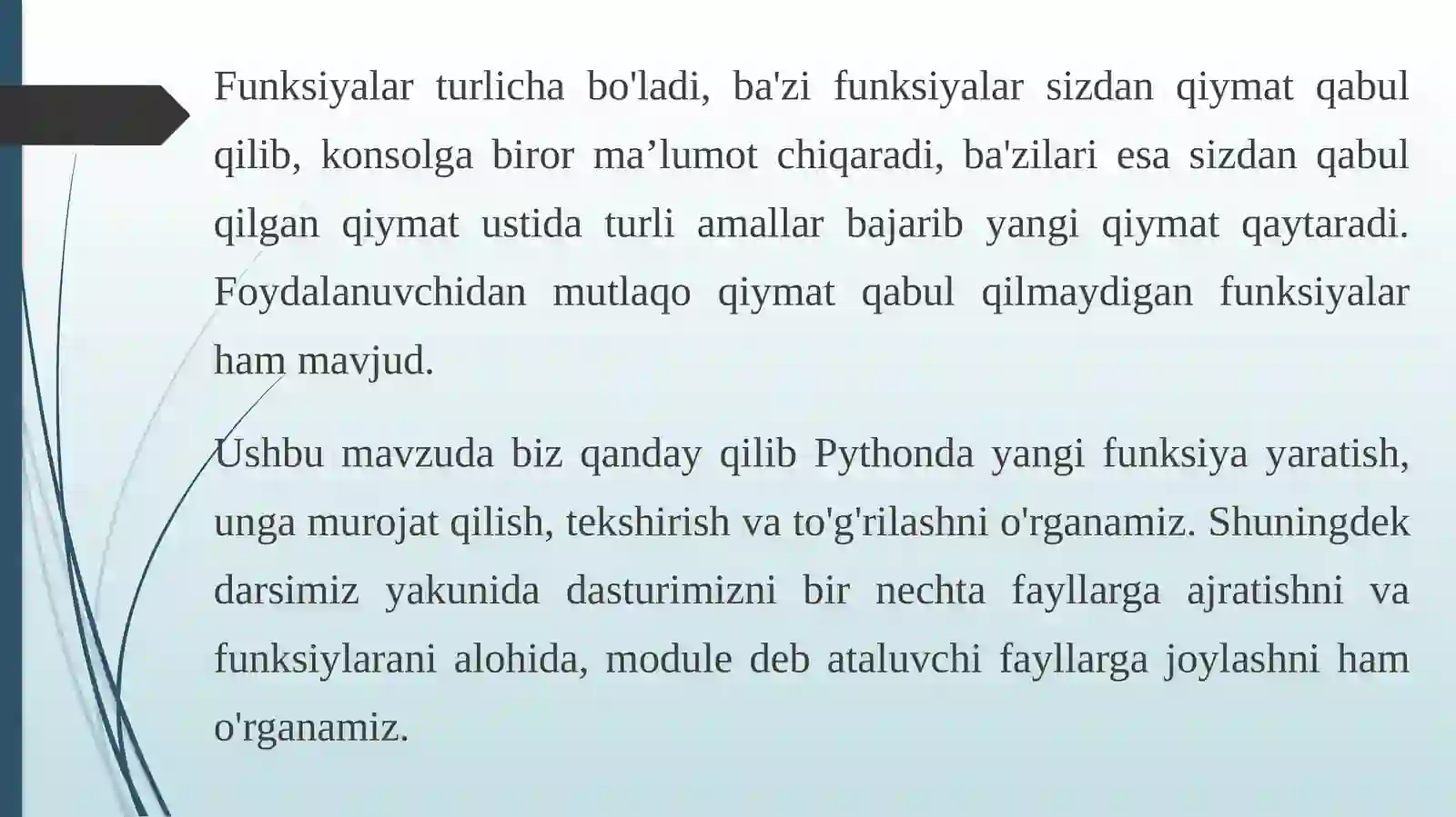 PYTHON DASTURLASH TILIDA DEF FUNKSIYASI. PYTHONDA FUNKSIYALARNI TEKSHIRISH UNITTEST MODULI. 4