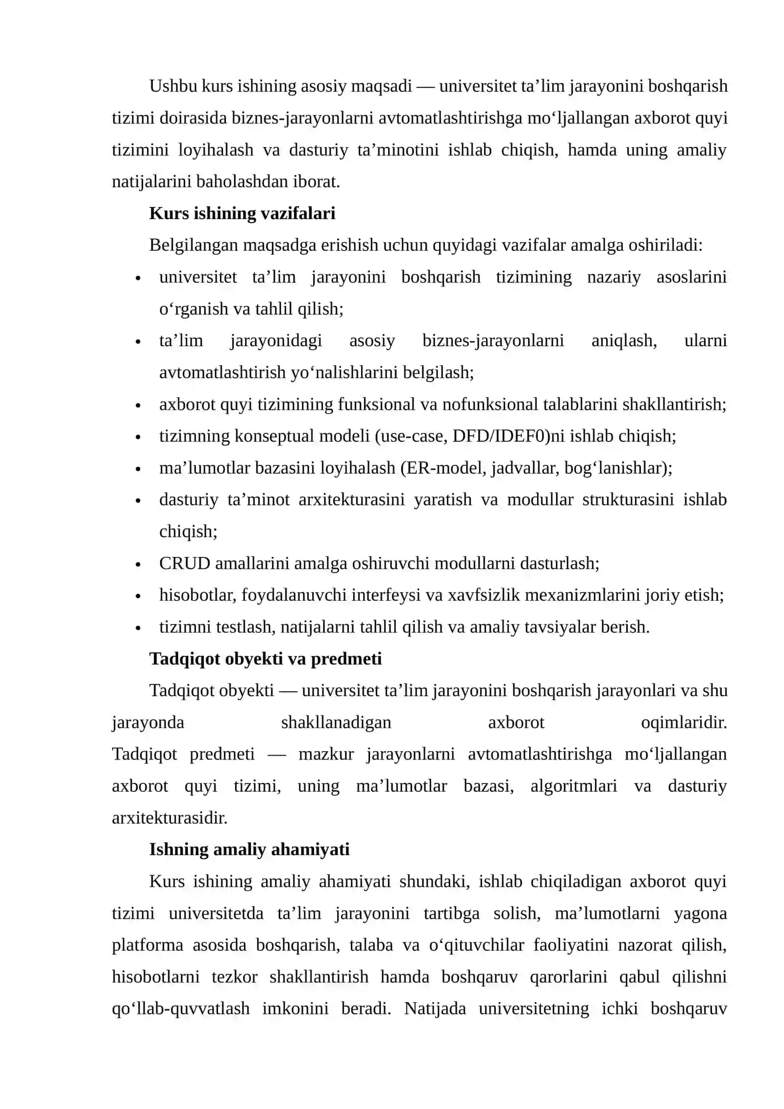 Universitet ta’lim jarayonini boshqarishning avtomatlashtirilgan tizimining biznes-jarayonlarini avtomatlashtirish axborot quyi tizimini ishlab chiqish 4