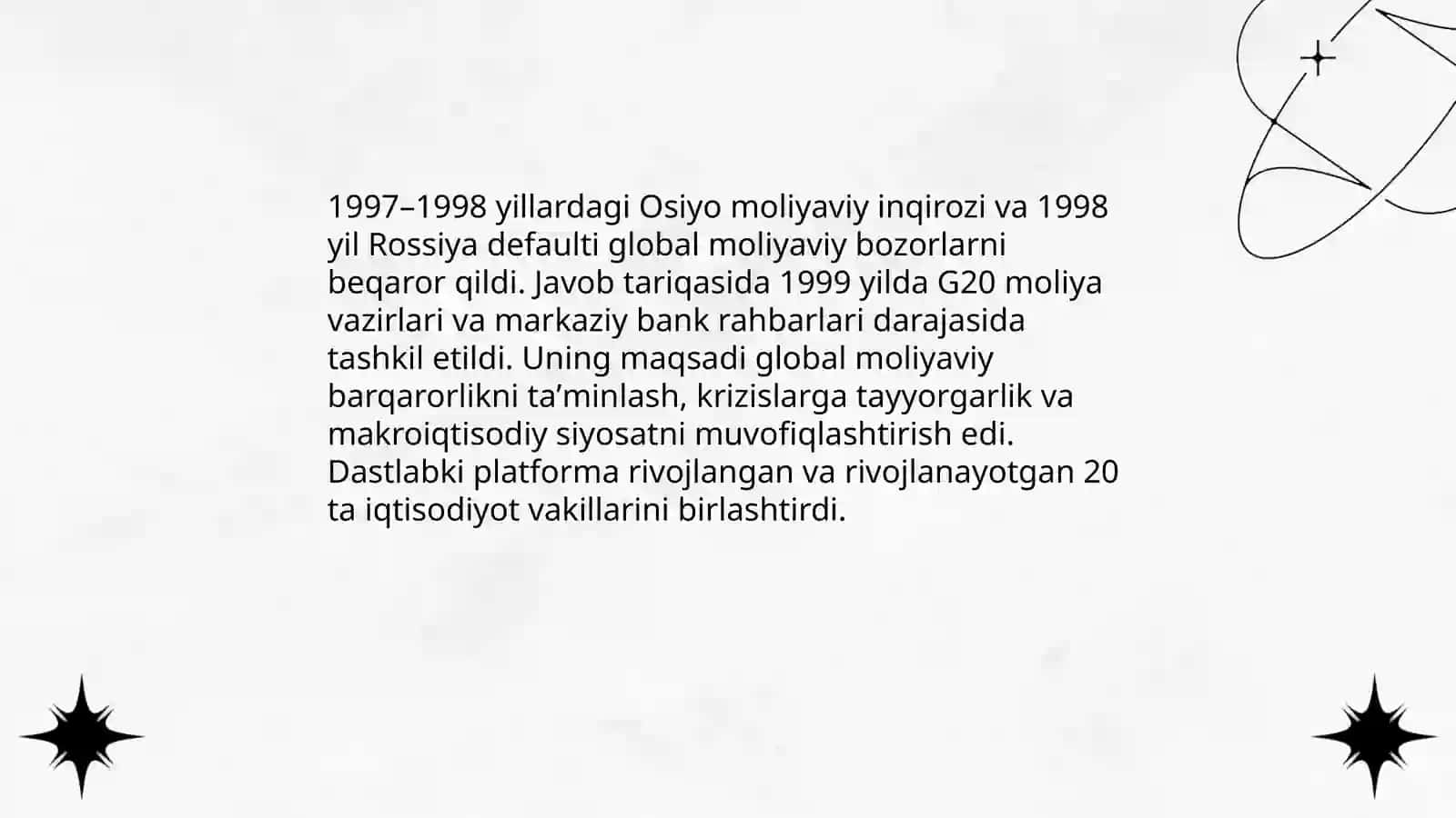 G20 forumining vujudga kelishi va asosiy maqsadlari (tashkil topishi,a'zolari va faoliyat yõnalishlari) 4