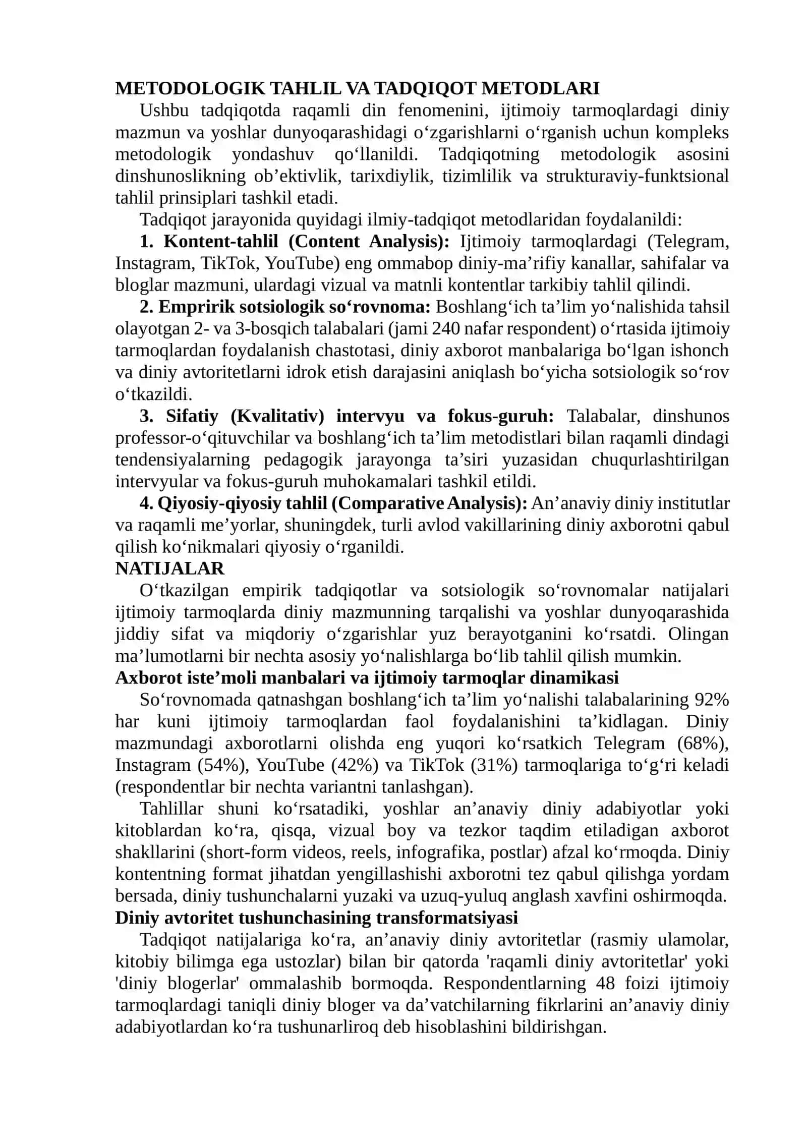RAQAMLI DIN FENOMENI: IJTIMOIY TARMOQLARDA DINIY MAZMUN, DINIY AVTORITET VA YOSH LAR DUNYOQARASHINING O‘ZGARISHI 4