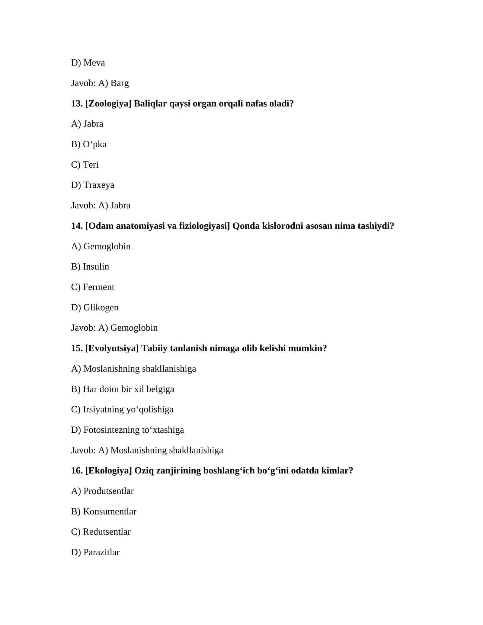 BIOLOGIYA FANIDAN 500 TA TEST VA JAVOBLAR 4