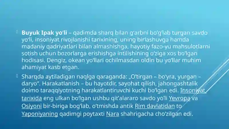 Buyuk Ipak yo’li va hozirgi zamon.O’zbekistonning turizm salohiyati 4