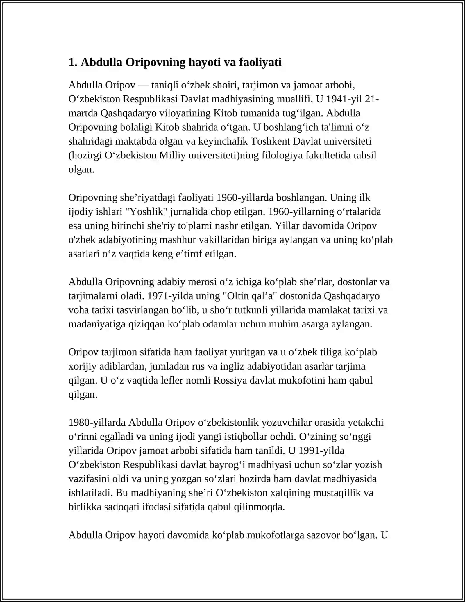 ABDULLA ORIPOV TO’G’RISIDA REFERAT 4