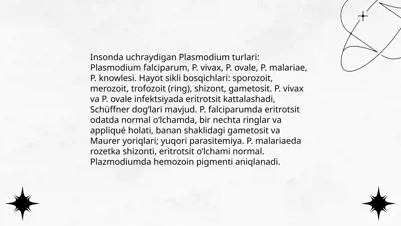 Sporalilar – bezgak plazmodiysi. Toksoplazma. Odam ichak parazitlari: dizenteriya amyobasi, balantidiy 4