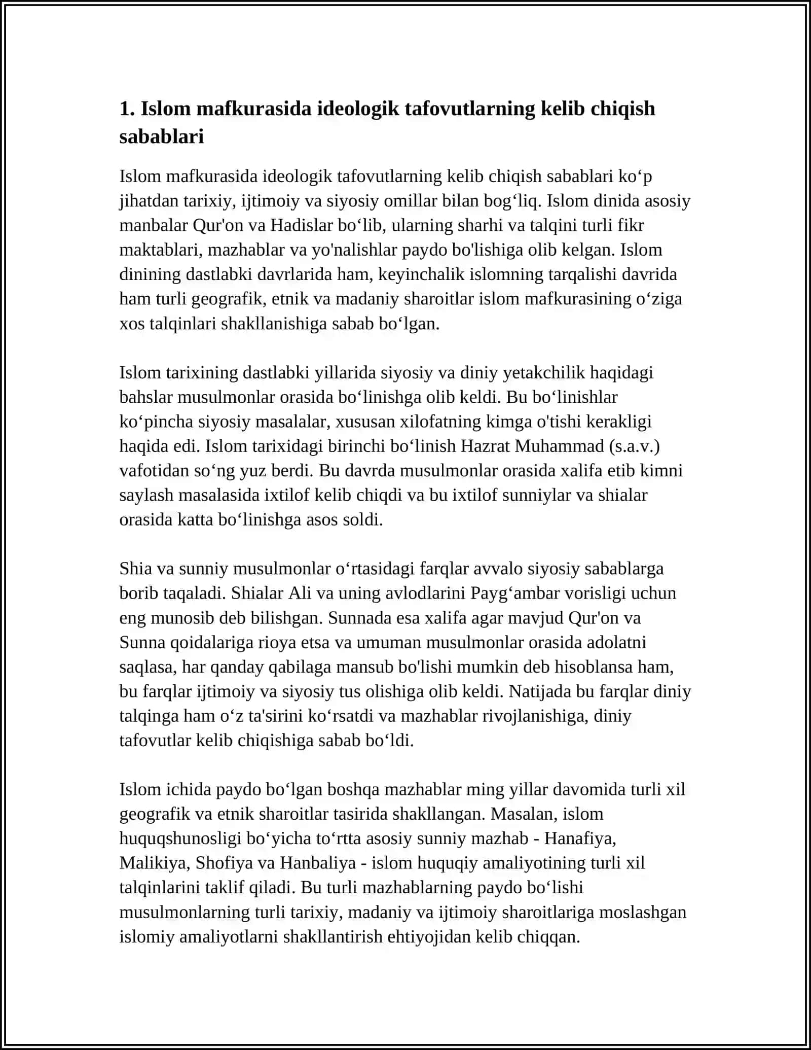 ISLOM OQIMLARI VA YO'NALISHLARINING PAYDO BO'LISHI SABABLARI, E'TIQODIDAGI BO'LINISHLARNING SABABLARI VA OQIBATLARI 4