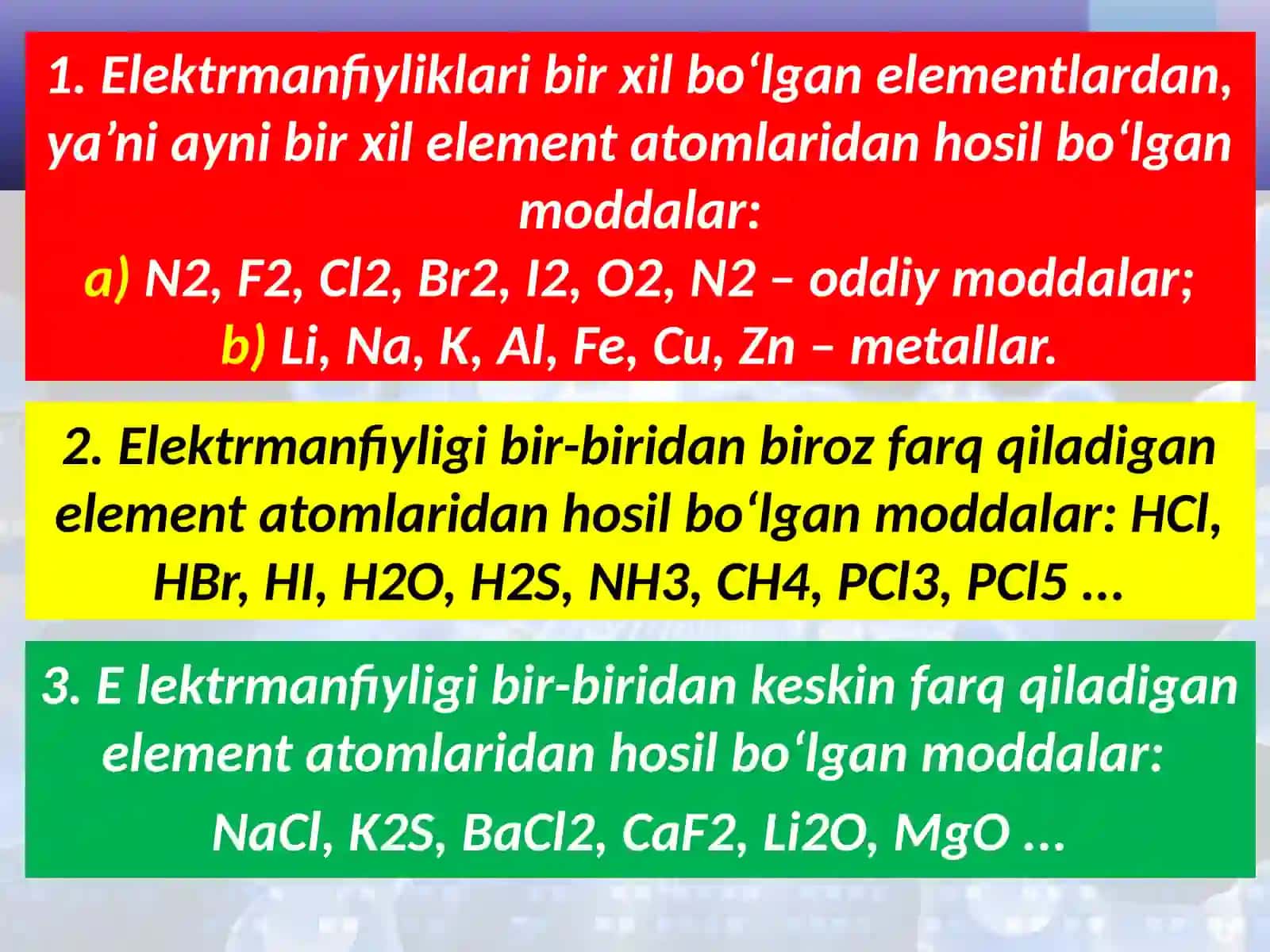 Kimyoviy bog‘lanish turlari va qutbli va qutbsiz Ko‘valent bog‘lanish 4