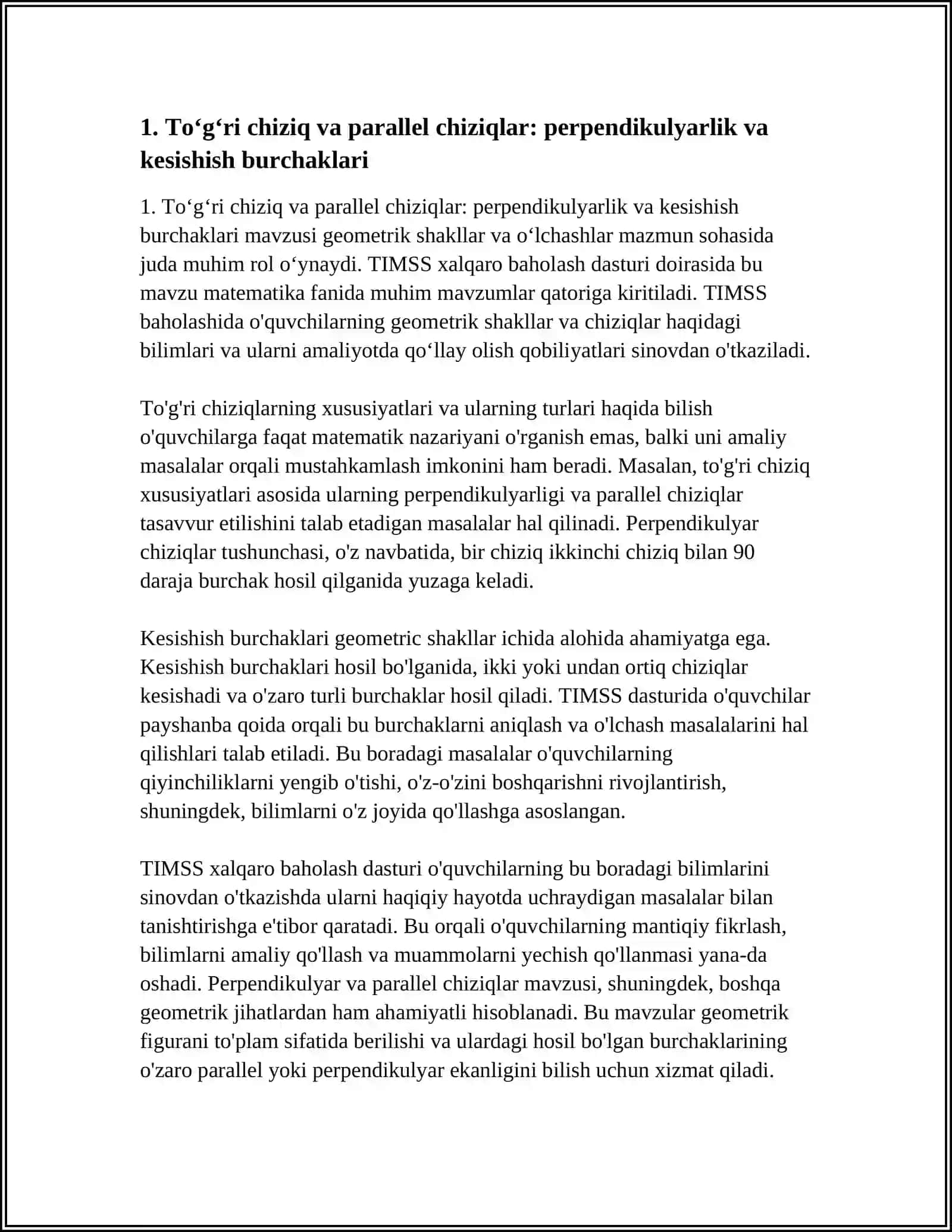 TIMSS XALQARO BAHOLASH DASTURIDA "GEOMETRIK SHAKLLAR VA O'LCHASHLAR" MAZMUN SOHASIGA OID TOPSHIRIQLAR 4