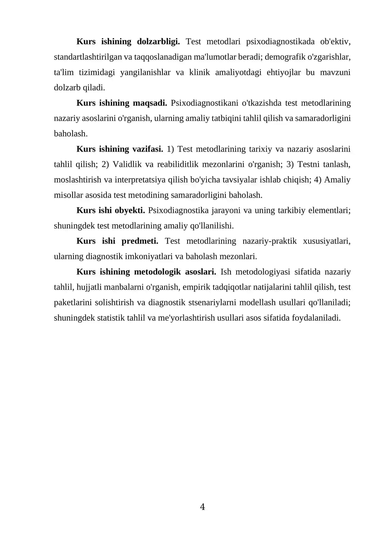 “PISIXADIYAGNOSTIKANI ÕTKAZSHDA TEST METODIDAN FOYDALANISH” MAVZUSIDAGI KURS ISHI 4