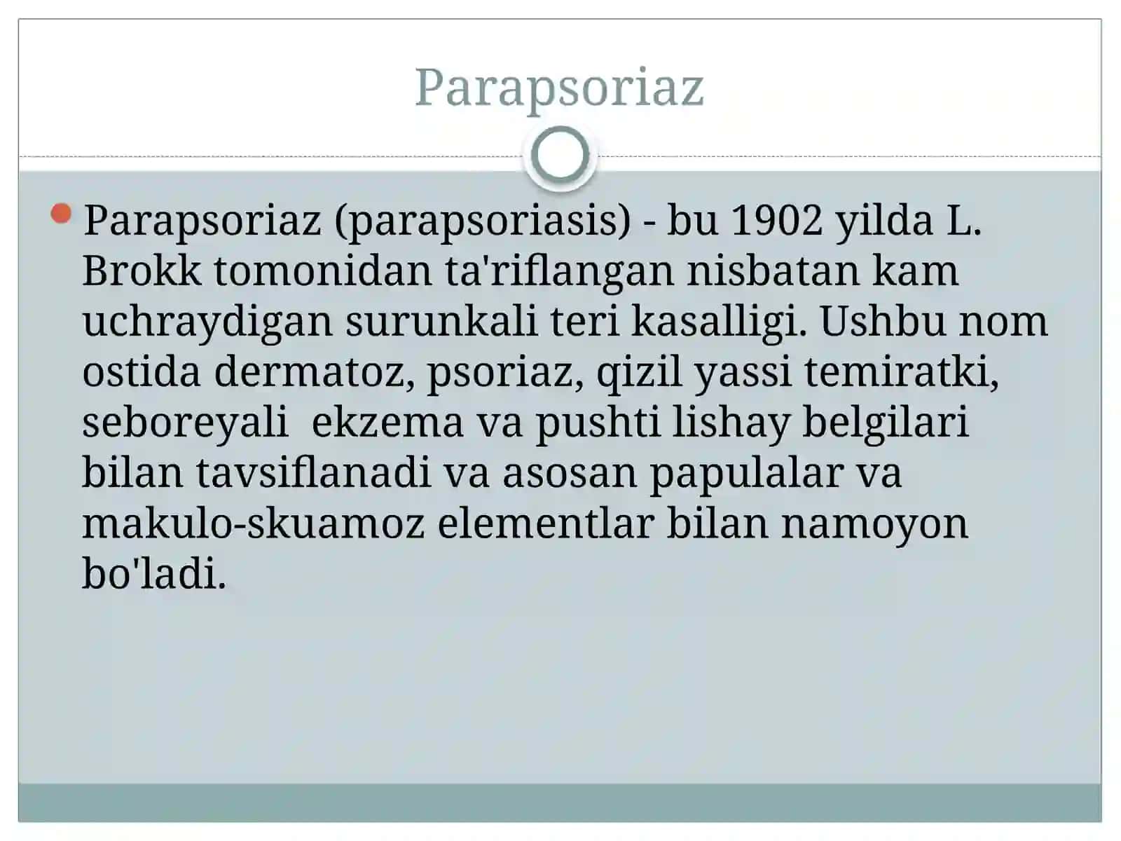 |Professional dermatozlar. Parapsoriaz. Psoriaz va
boshqa dermatozlarda davolashda kvant (PUVA,
reze 4