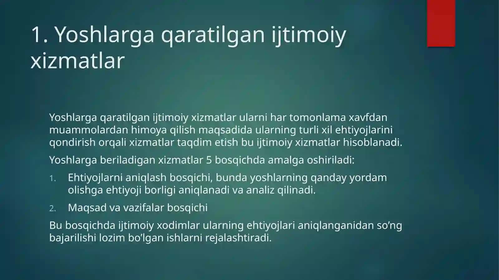 Yoshlar Uchun ijtimoiy xizmatlarning Tuzilishi va vazifalari 4