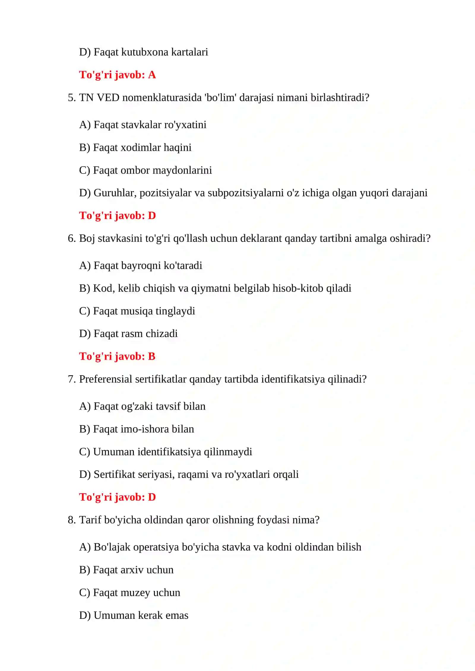 BOJXONA TARIFI 100 TA TEST 4
