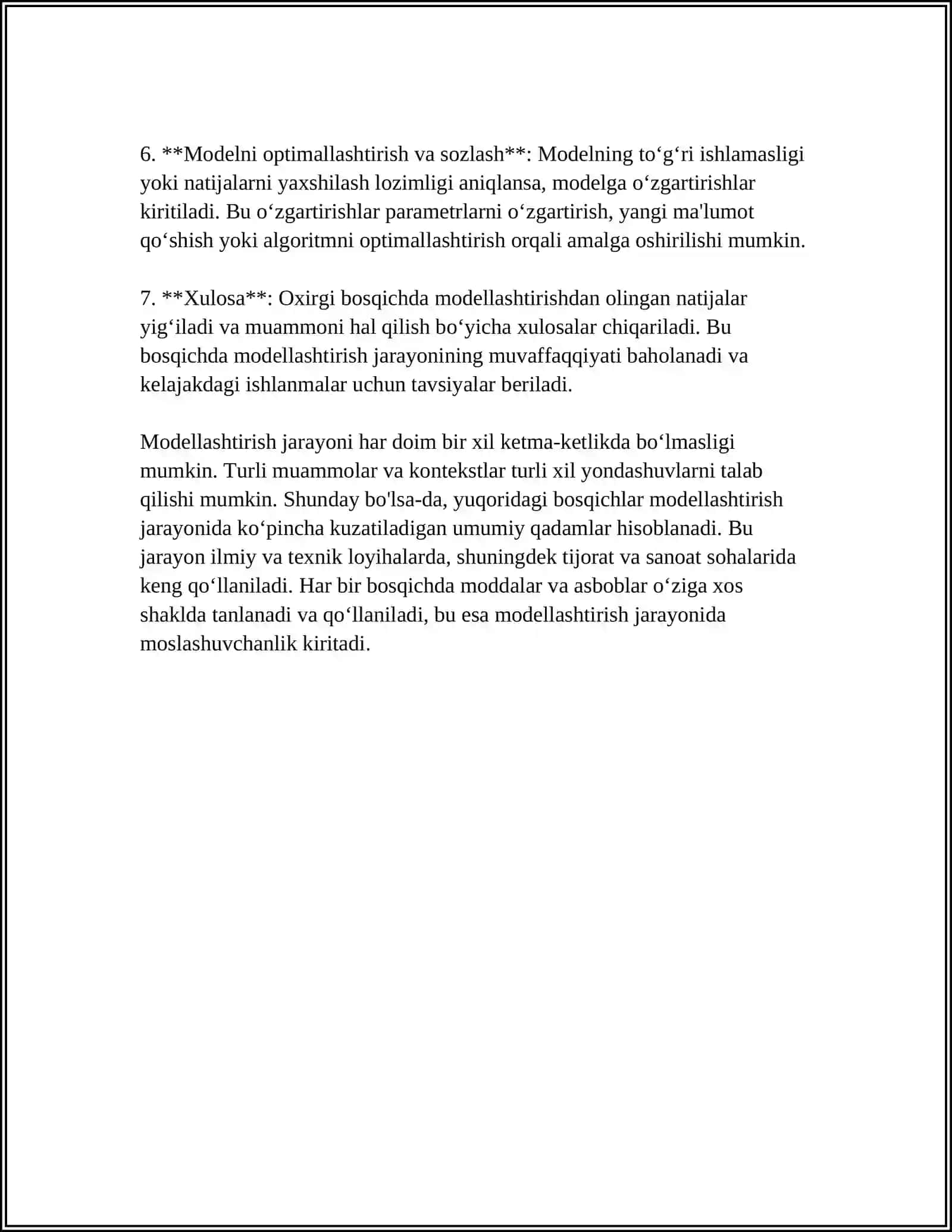 MODELLASHTIRISHNING QAYSI BOSHQICHLARINI BILASIZ VA MODELLASHTIRISHNING BIRINCHI IKKITA BOSHQICHNING MOHIYATI NIMADA 4