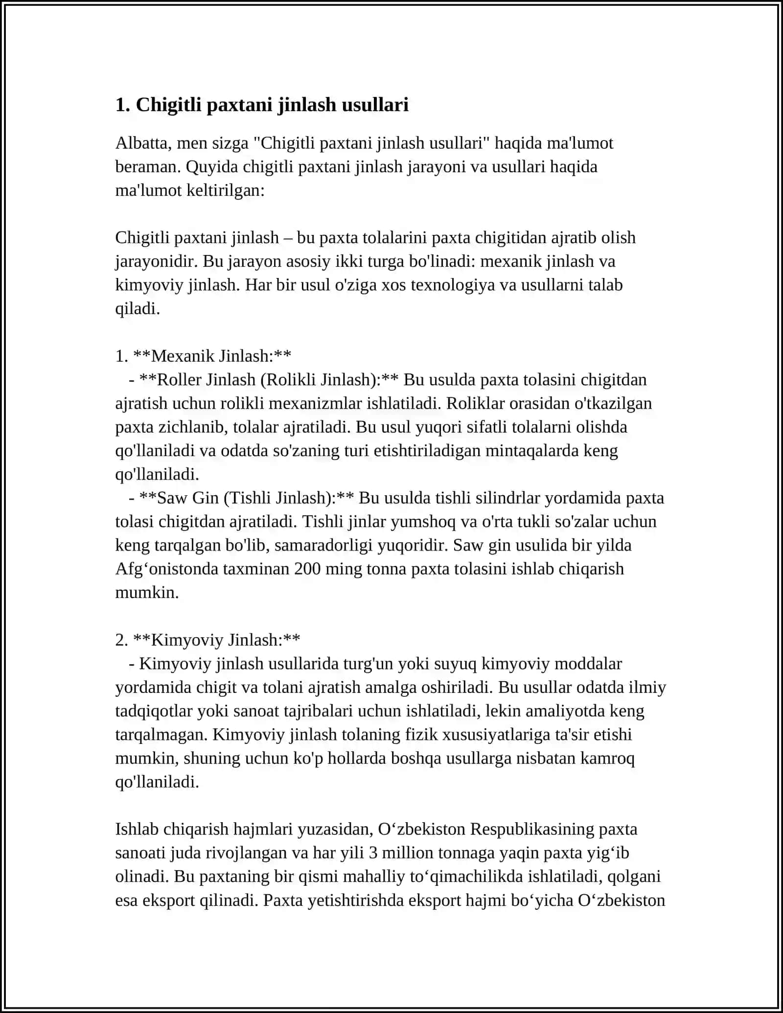 CHIGITLI PAXTANI JINLASH TEXNOLOGIK JARAYONI BILAN TANISHISH 4