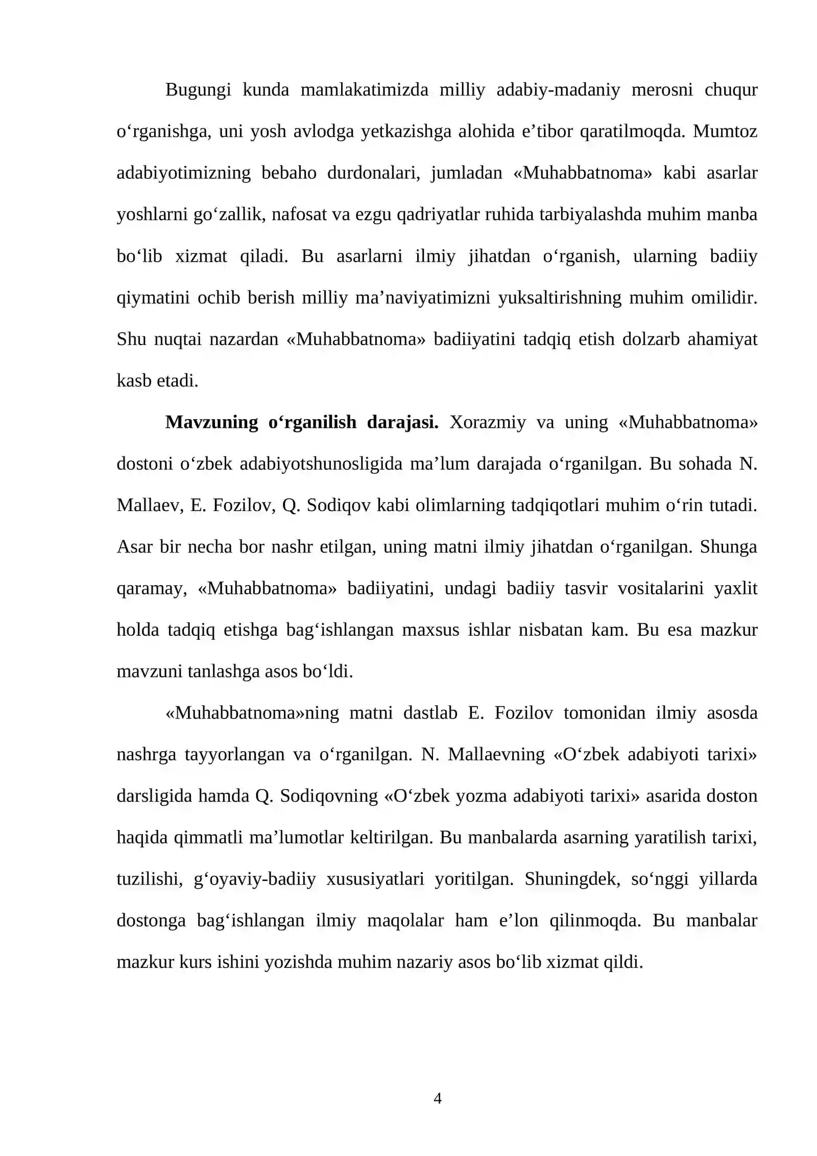 O‘zbek adabiyoti tarixi fanidan Filologiya va tillarni o‘qitish: o‘zbek tili sirtqi ta’lim yo‘nalishi 2-bosqich talabasi Nurullayeva Charosning “Muhabbatnoma” badiiyati 4