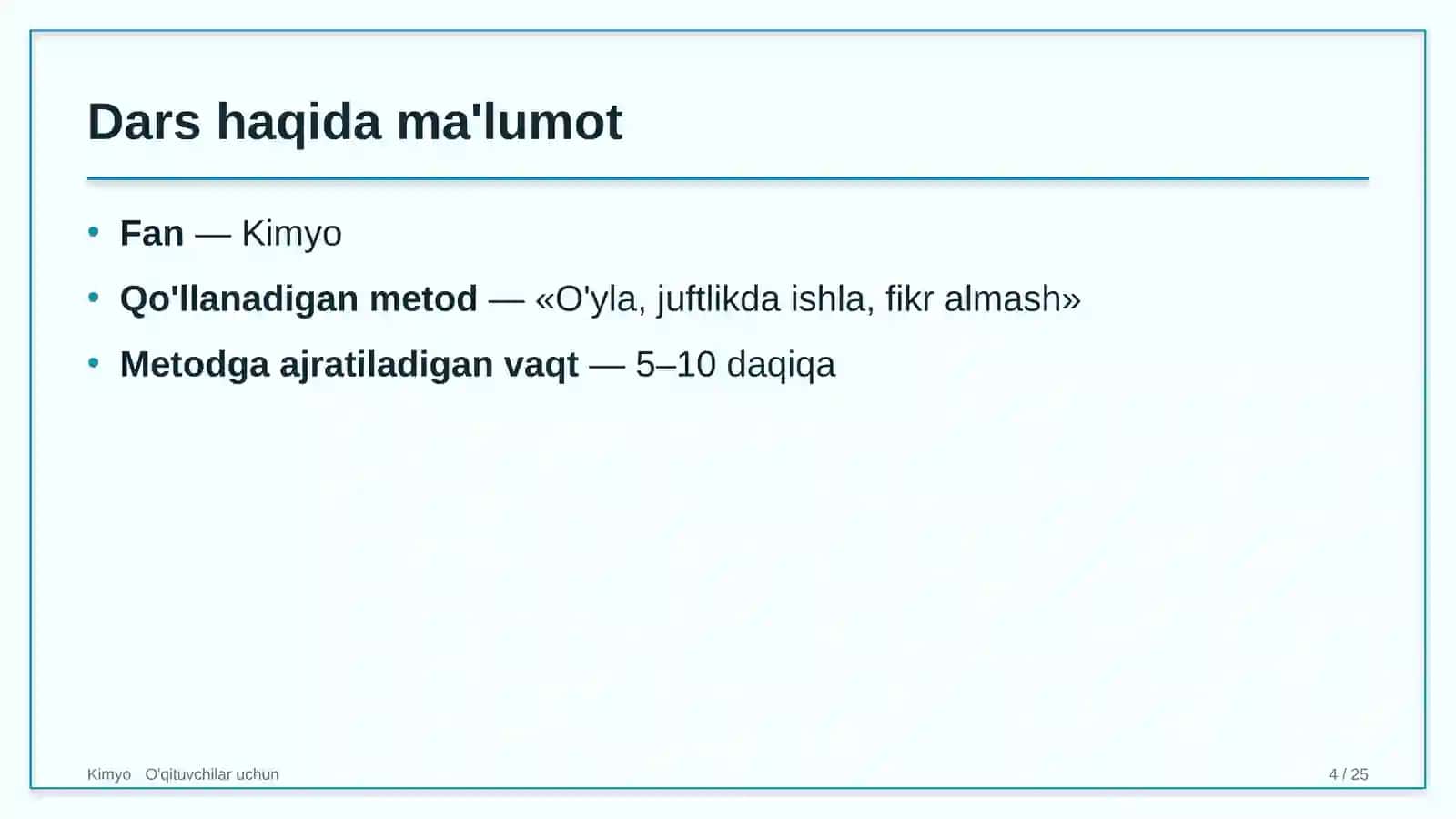 kimyo darslarida o'yla juftlikda ishla fikr almash metodidan foydalanish 3976 4