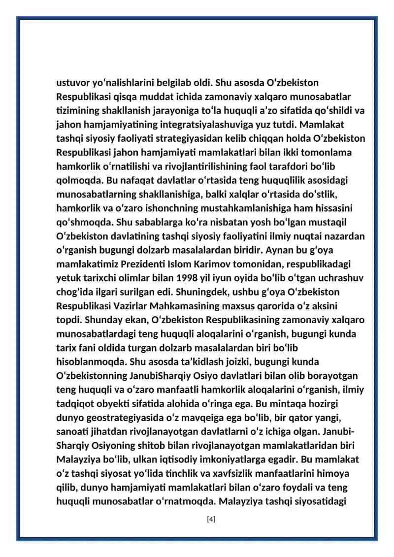 MUSTAQILLIK YILLARIDA O‘ZBEKISTON RESPUBLIKASI VA MALAYZIYA DAVLATI O‘RTASIDA IQTISODIY VA MADANIY SOHALARDAGI HAMKORLIK 4