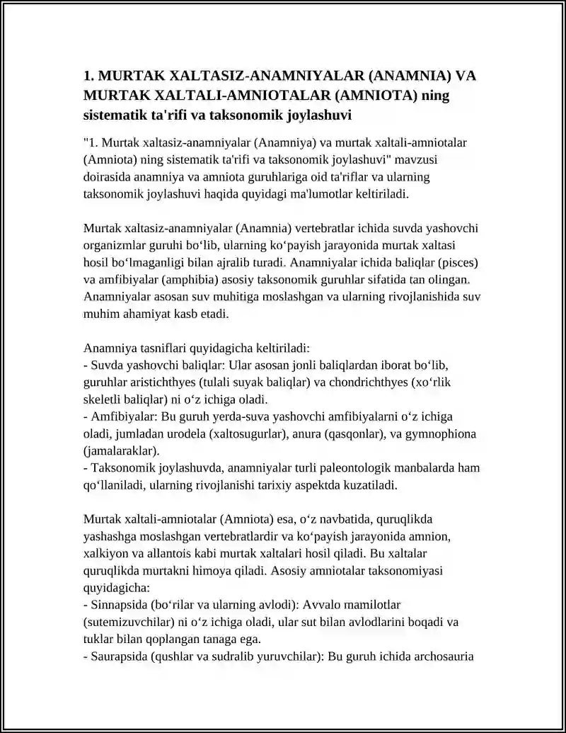 MURTAK XALTASIZ-ANAMNIYALAR (ANAMNIA) VAMURTAK XALTALI-AMNIOTALAR (AMNIOTA) GURUHLARGA KIRUVCHI UMURTQALILARGA XOS XUSUSIYATLARINI TAHLIL QILISH VA TAHLILIY MA'LUMOTNOM 4