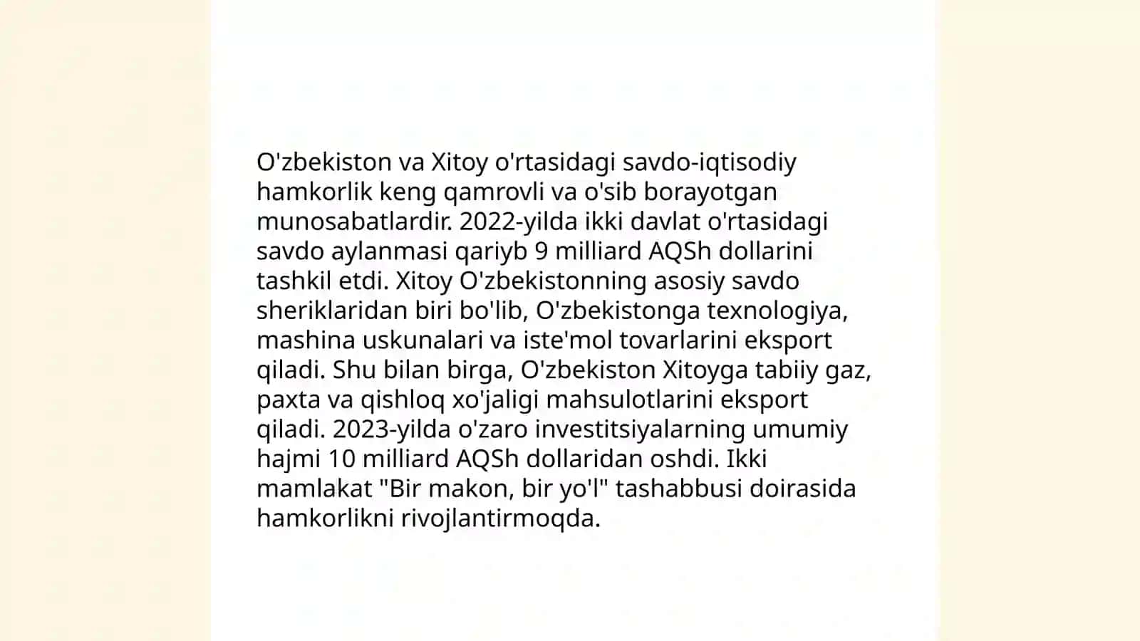 Oʻzbekistonning 1991-2024-yillardagi Xitoy bilan aloqalari 4
