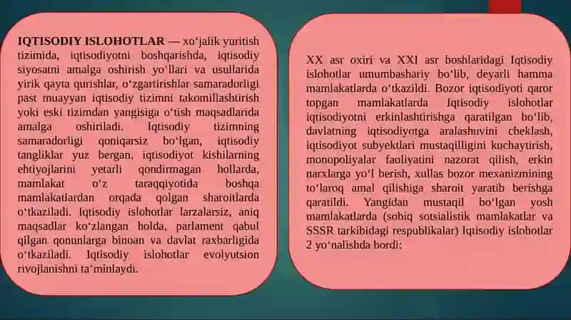 IQTISODIY ISLOHOTLAR, XUSUSIY MULKCHILIKNING SHAKLLANISHI. O’ZBEKISTONDA BOZOR MUNOSABATLARINING RIVOJLANISHI 4