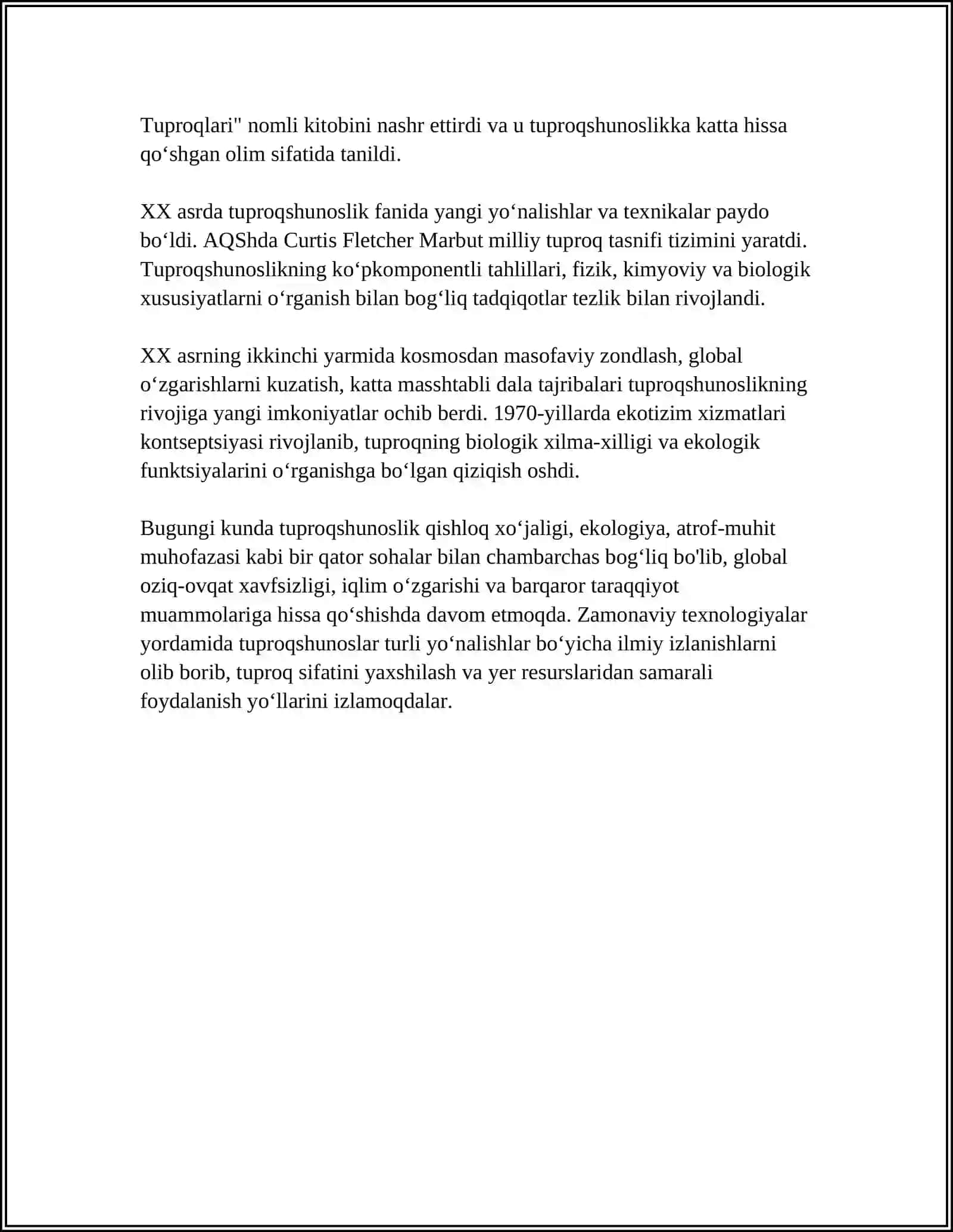 MUSTAQIL ISH Mavzu: O'ZBEKISTONDA "TUPROQLAR GEOGRAFIYASI" FANINING RIVOJLANISHI 4