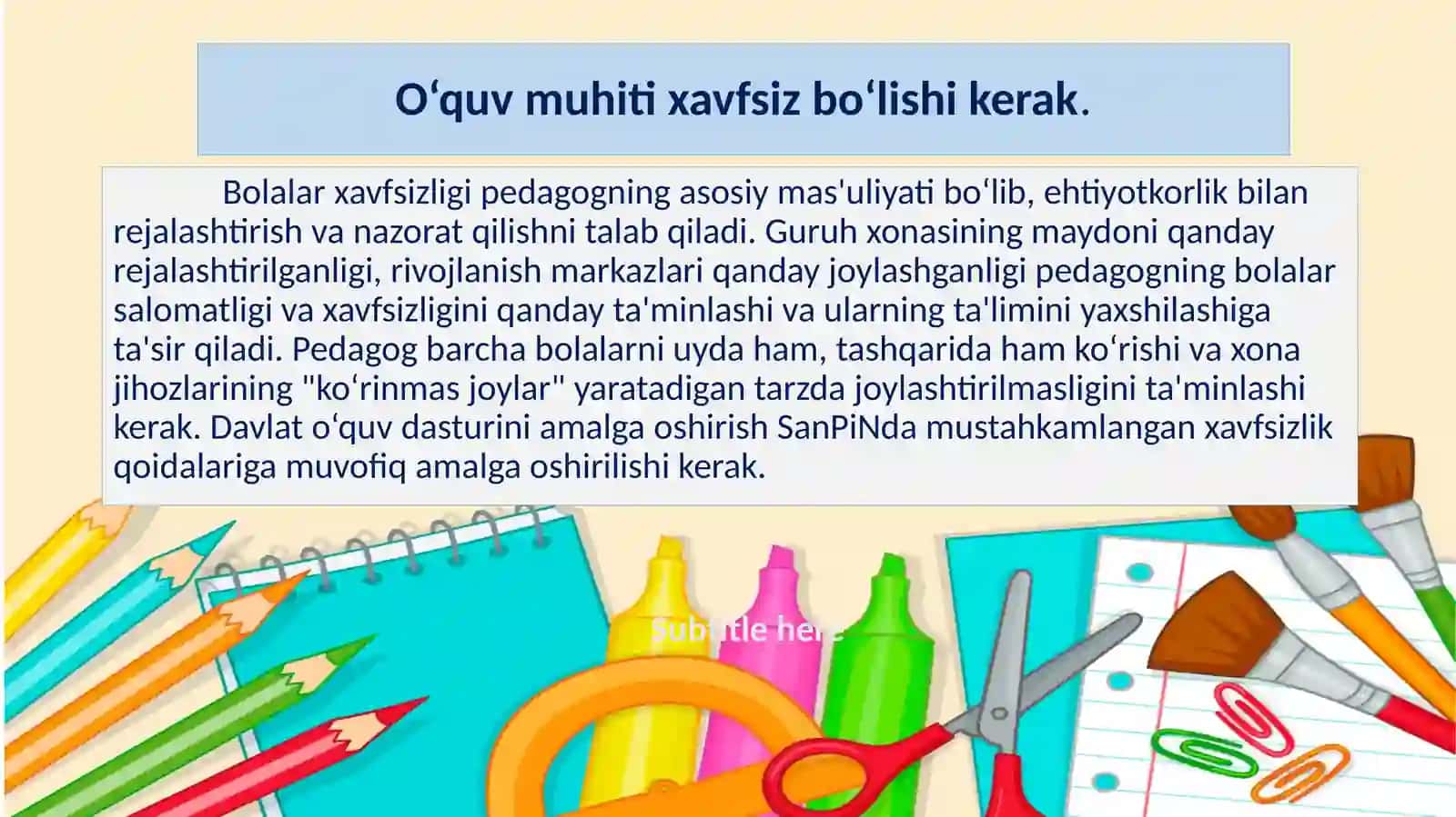 Maktabgacha ta'lim muassasalarida tasviriy faoliyat mashg'ulotlari jihozlariga qo'yiladigan talablar. 4
