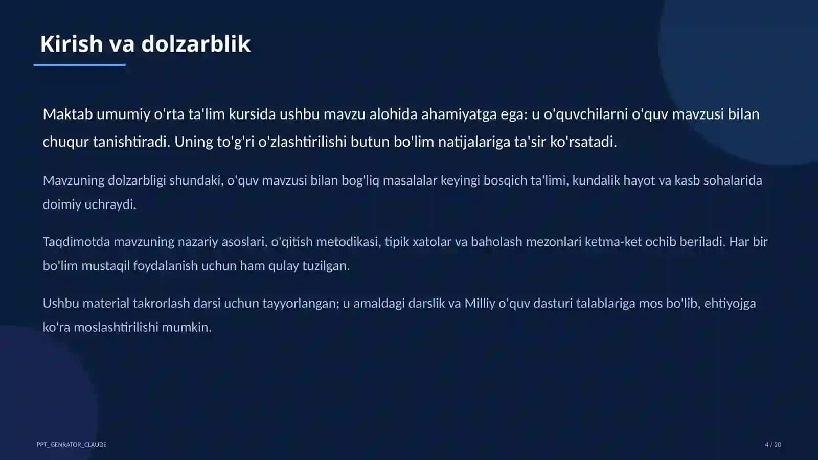 Dolzarb mavzular — maktab va o'qituvchilar (2026) — takrorlash darsi uchun 4